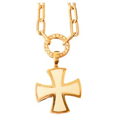 Retro 18 Carat Gold Chain Connected To A Diamond Suspended Ring & Enamel Cross Pendant