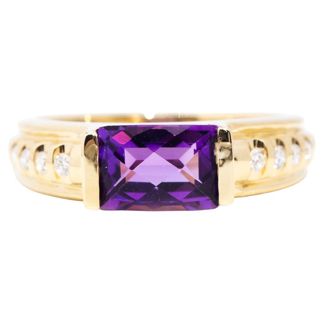 18 Carat Gold Checkerboard Amethyst and Round Brilliant Diamond Vintage Ring