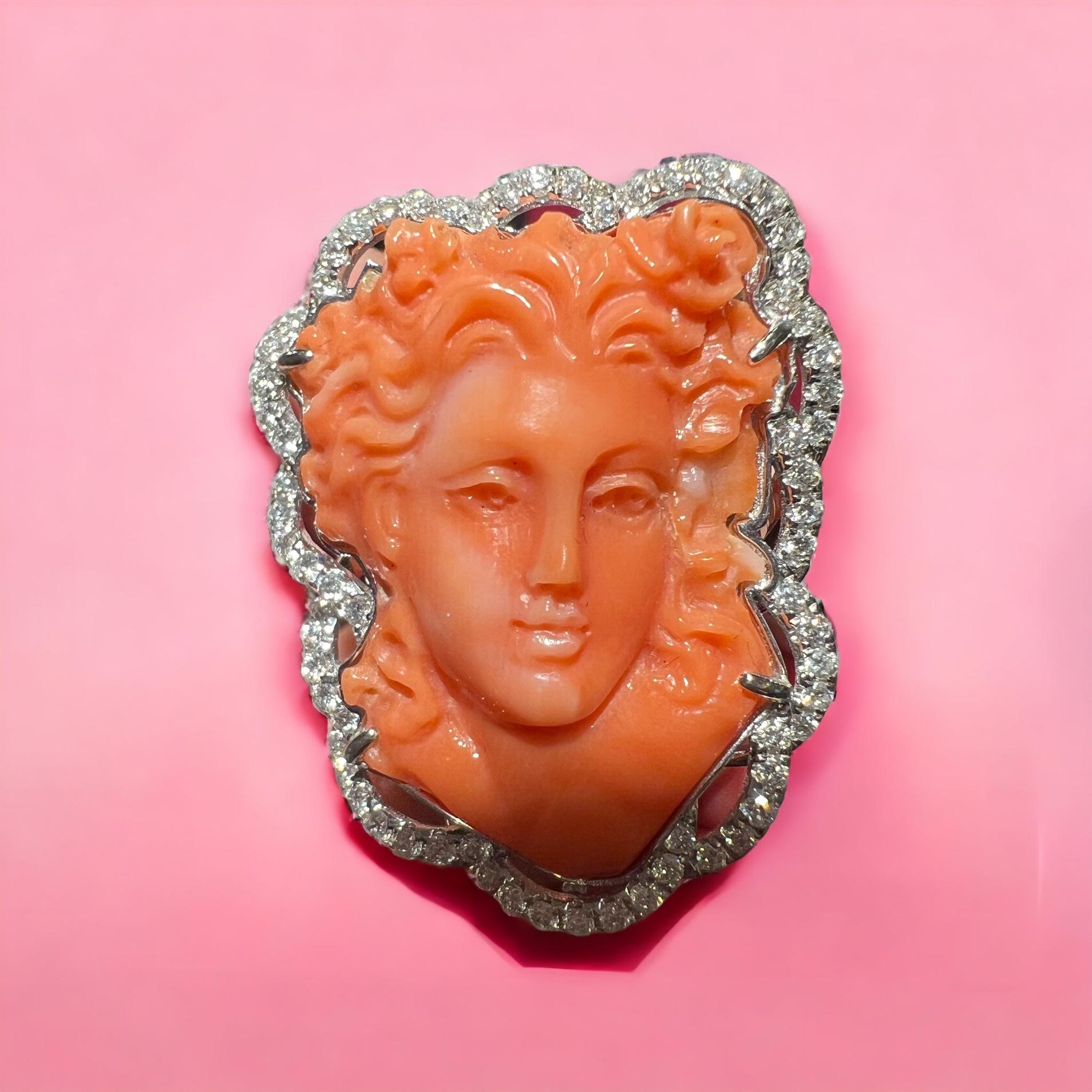 Art Nouveau 18 Carat Gold Cocktail Ring: Coral Cameo Ring Surrounded by Diamonds