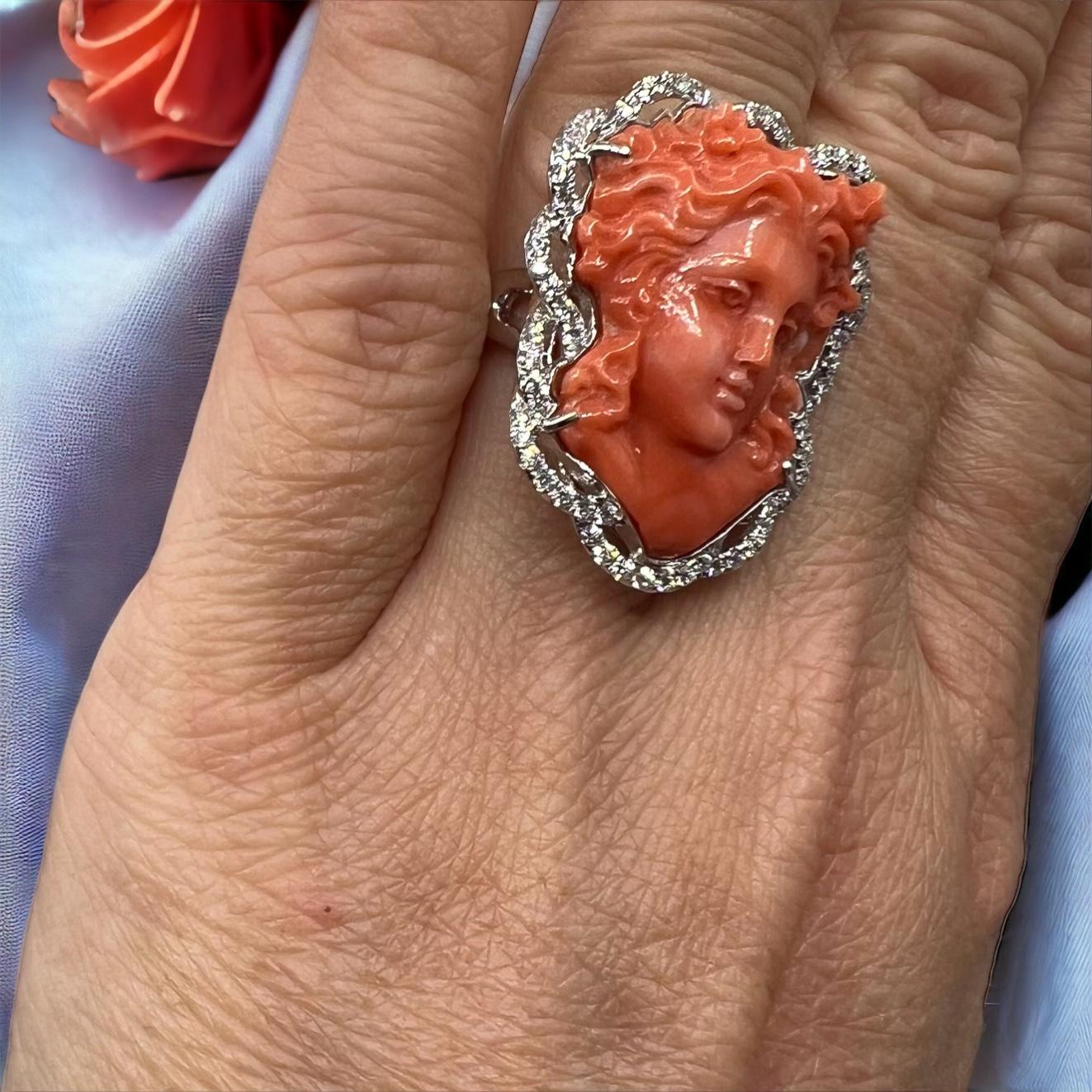 18 Carat Gold Cocktail Ring: Coral Cameo Ring Surrounded by Diamonds 1