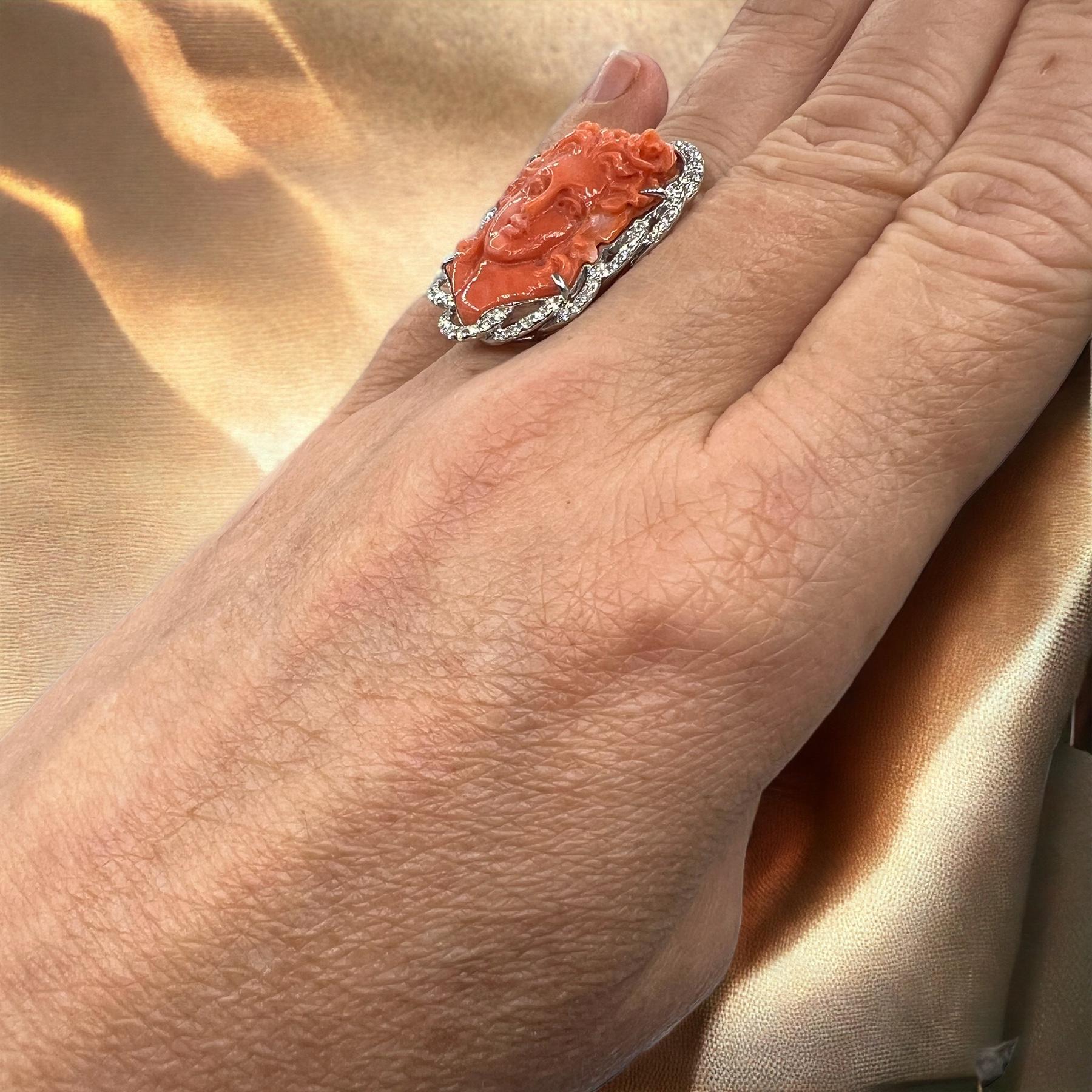 18 Carat Gold Cocktail Ring: Coral Cameo Ring Surrounded by Diamonds 2