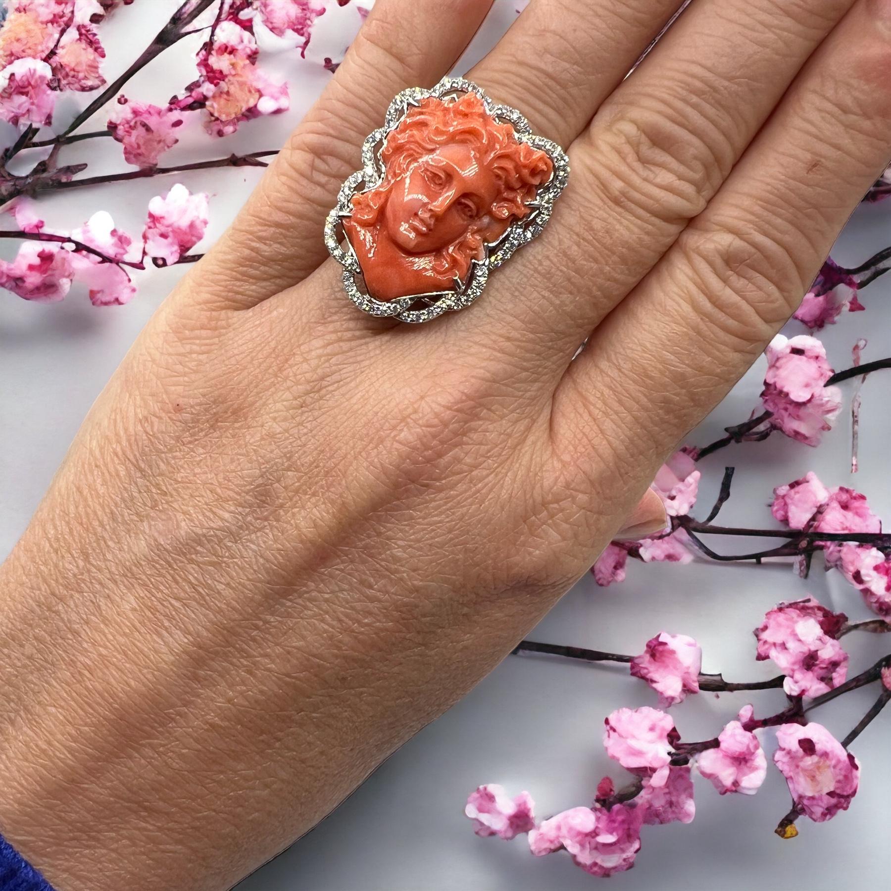18 Carat Gold Cocktail Ring: Coral Cameo Ring Surrounded by Diamonds 3