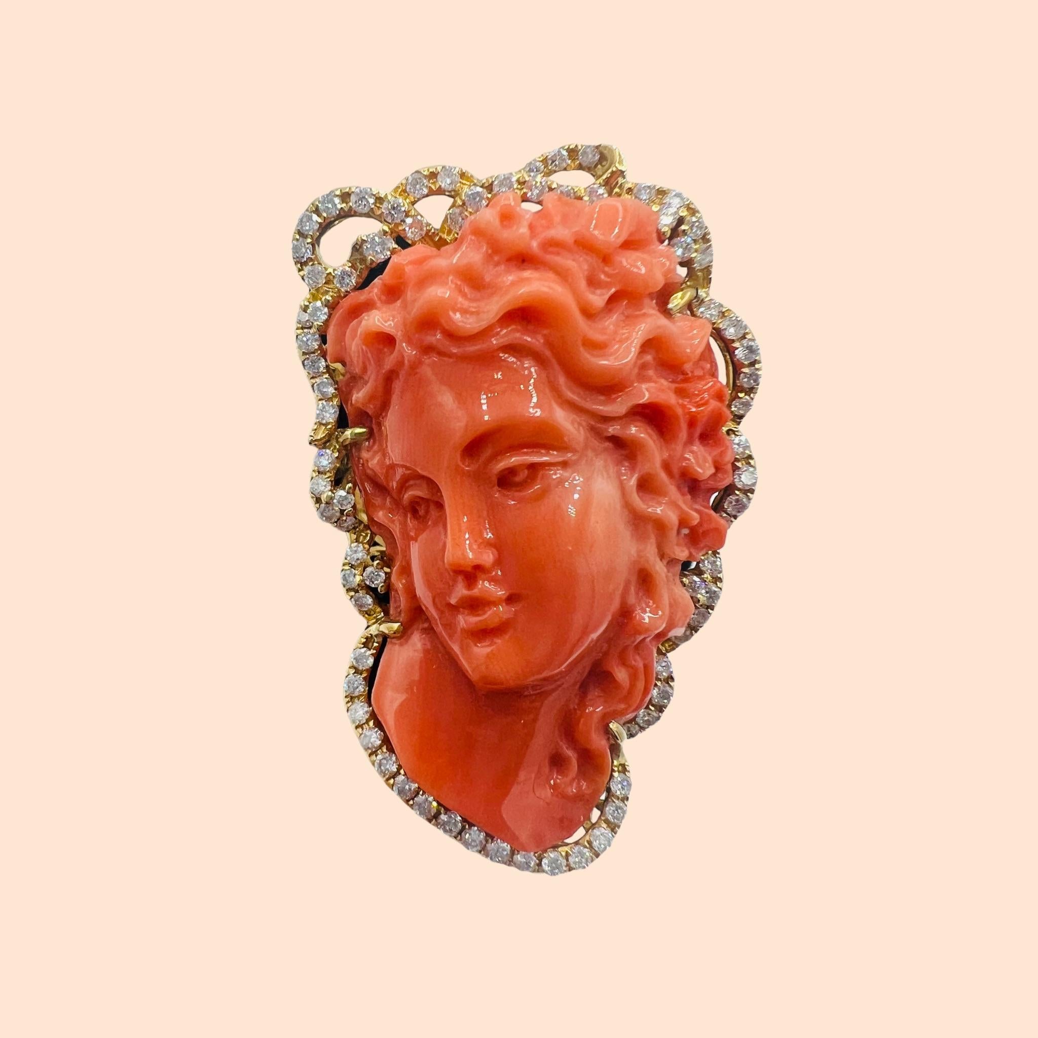 18 Carat Gold Cocktail Ring Set with a Superb Cameo in Coral with diamonds 6