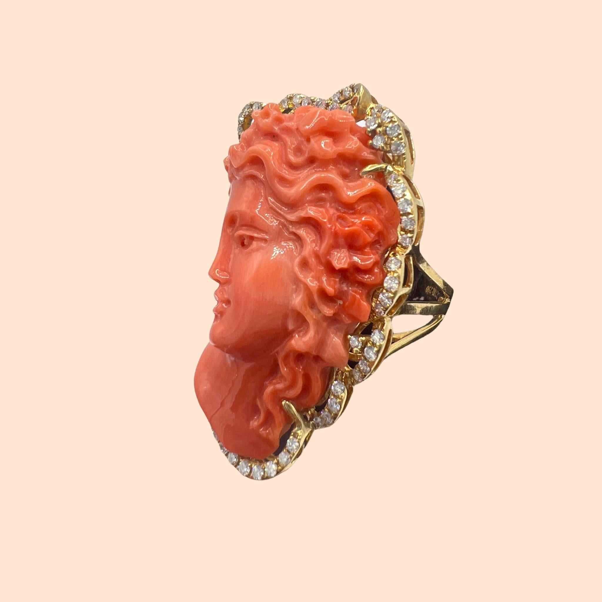 18 Carat Gold Cocktail Ring Set with a Superb Cameo in Coral with diamonds 7