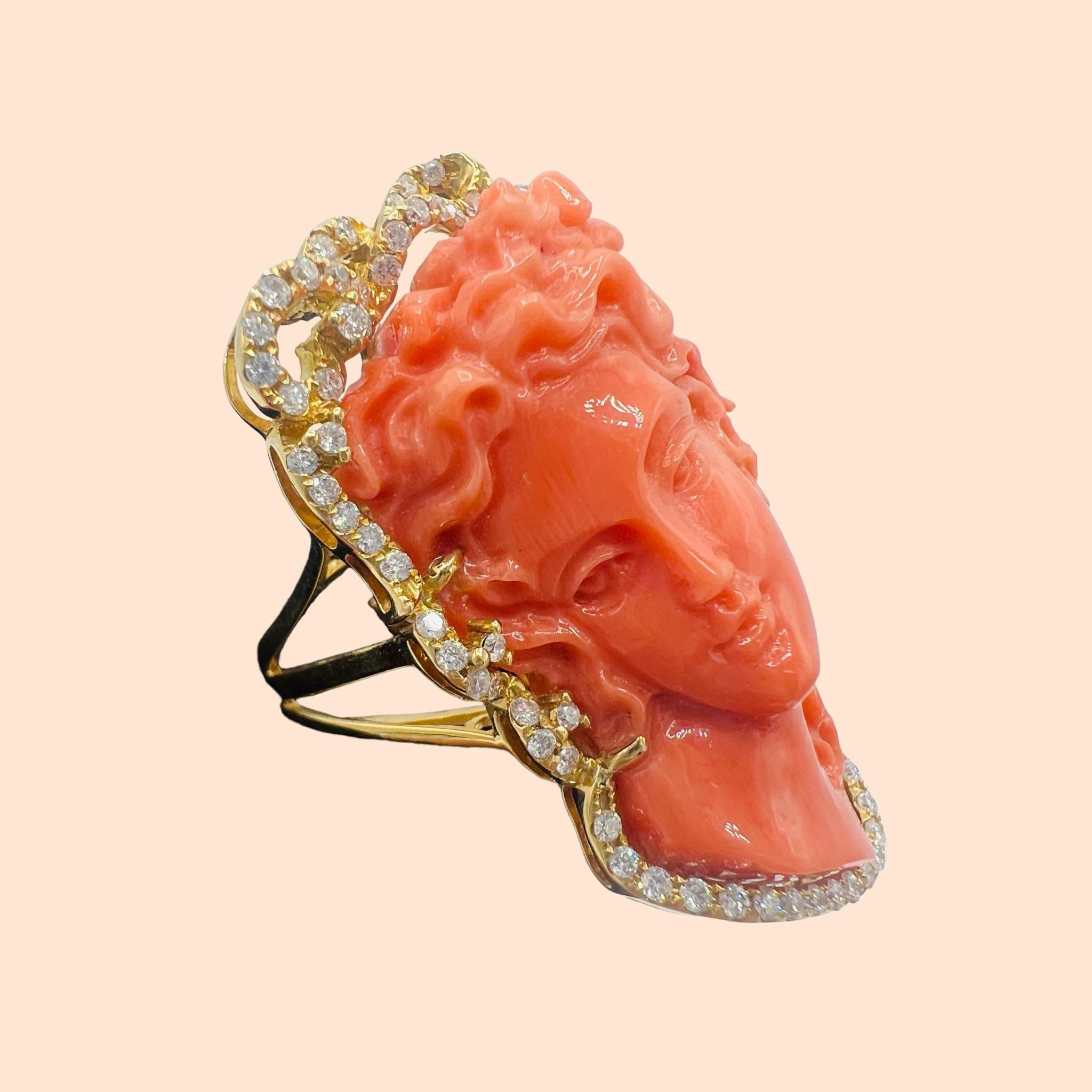 18 Carat Gold Cocktail Ring Set with a Superb Cameo in Coral with diamonds 8