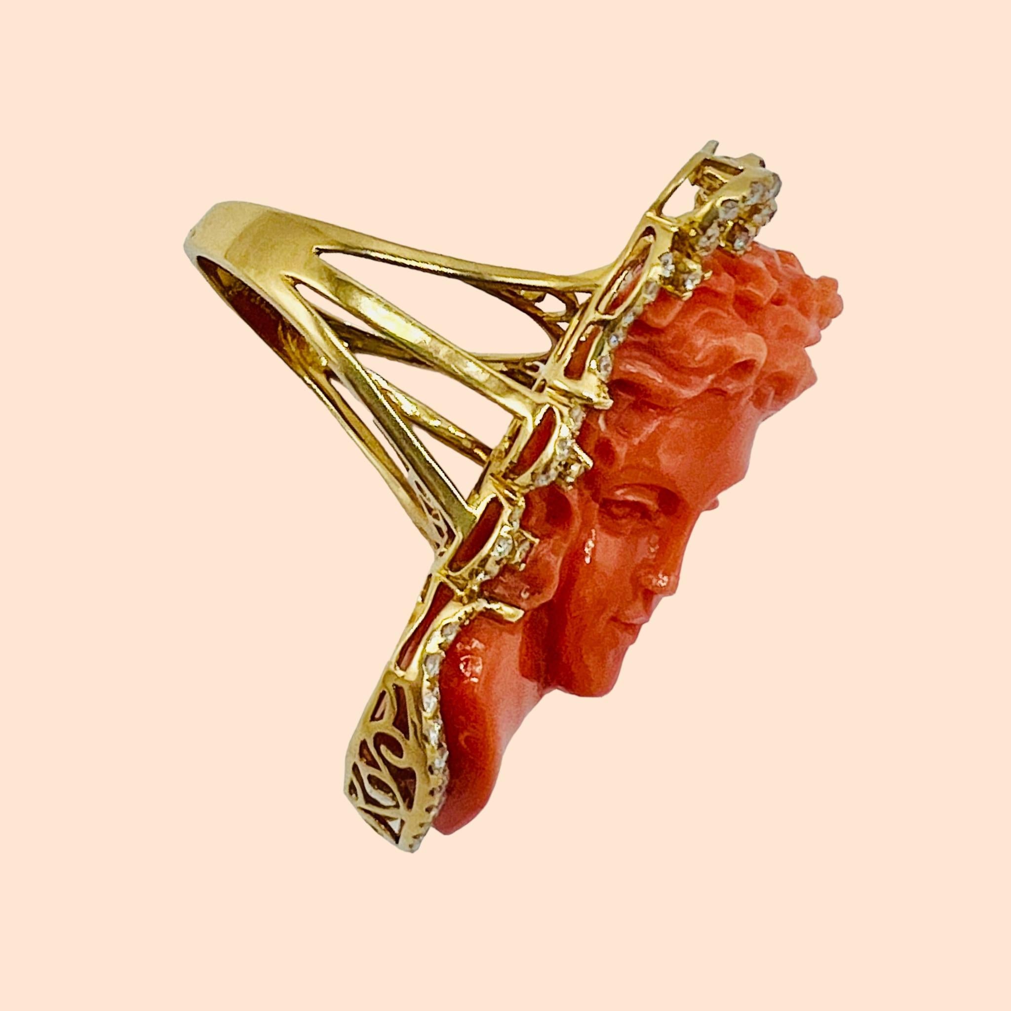 18 Carat Gold Cocktail Ring Set with a Superb Cameo in Coral with diamonds 9