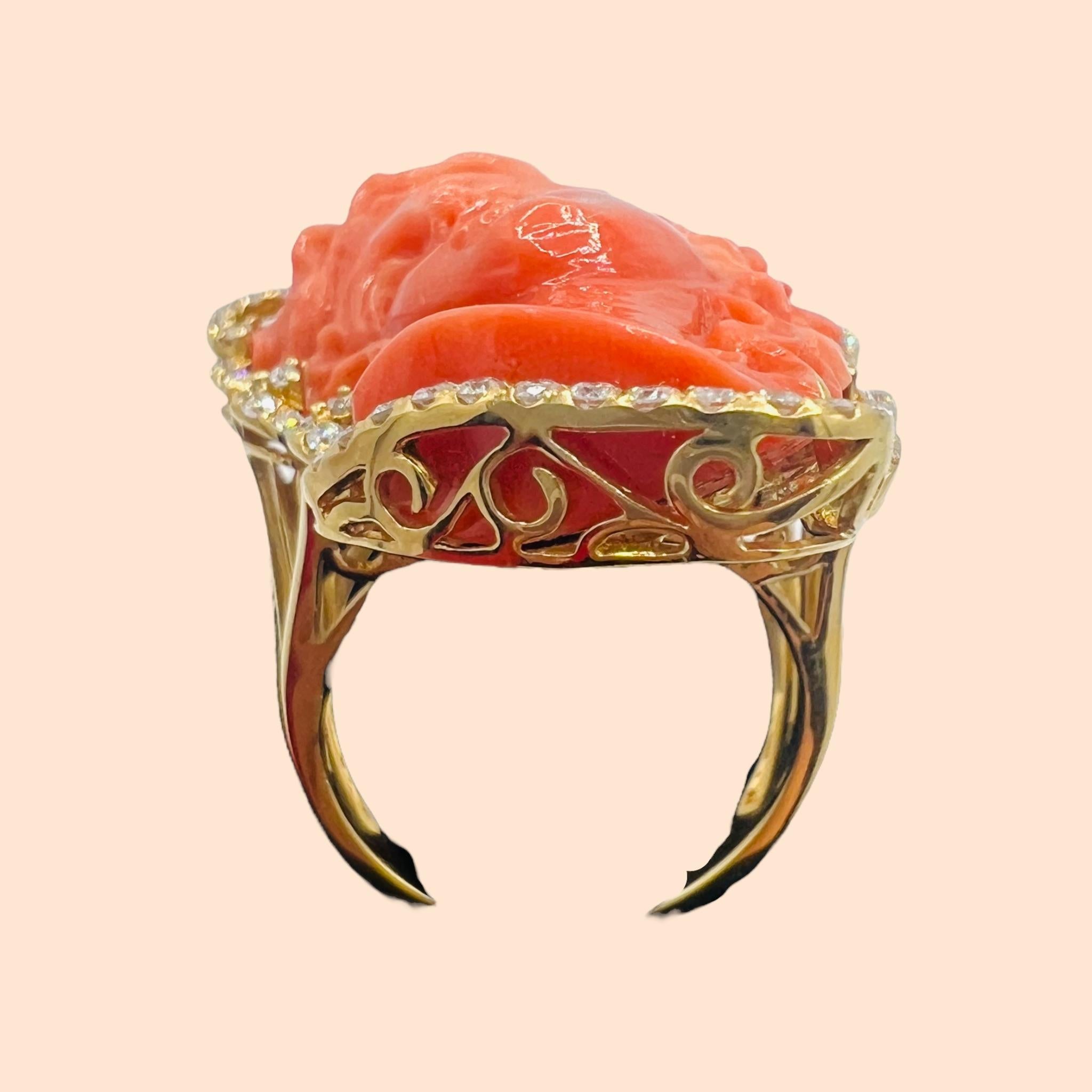 18 Carat Gold Cocktail Ring Set with a Superb Cameo in Coral with diamonds 10