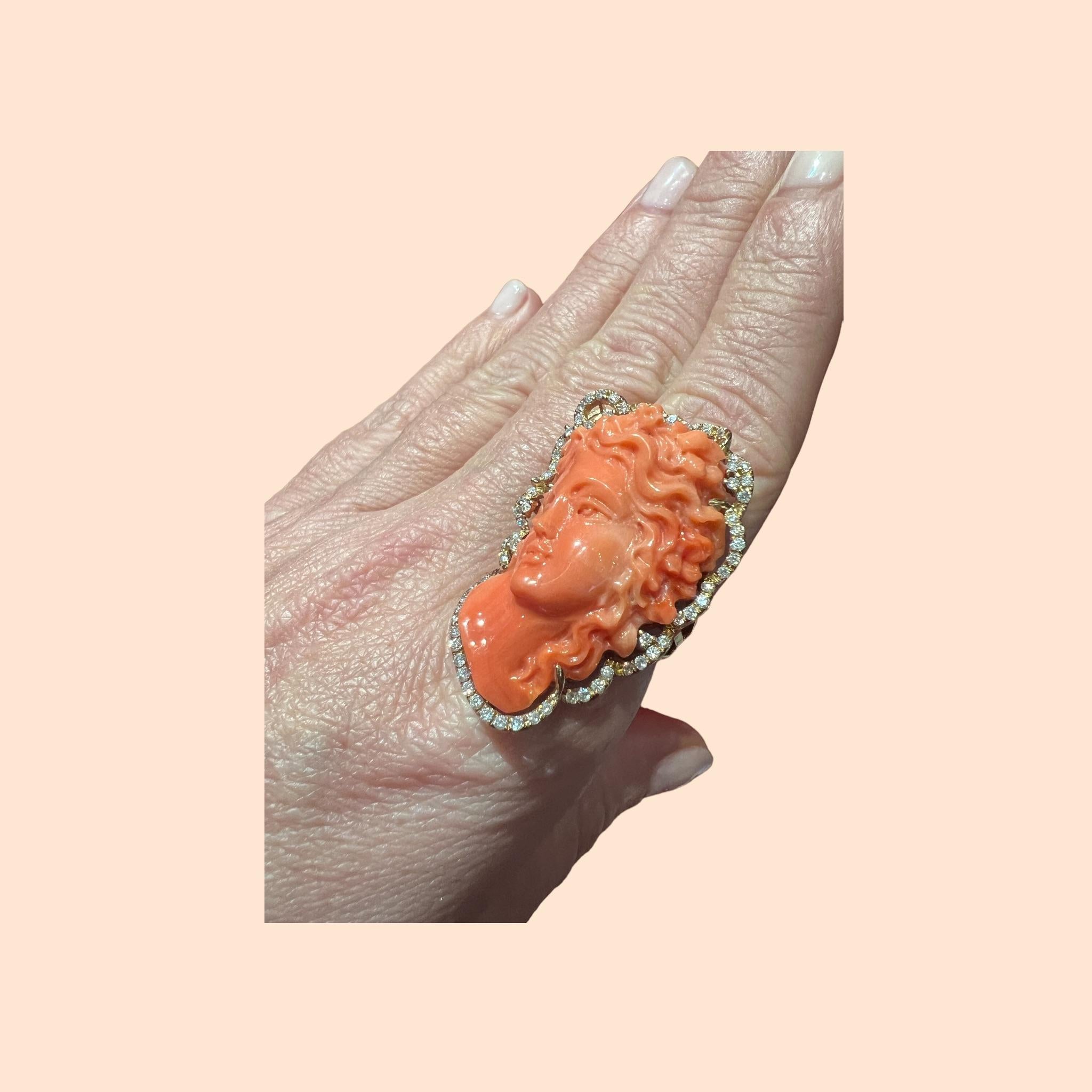 Round Cut 18 Carat Gold Cocktail Ring Set with a Superb Cameo in Coral with diamonds
