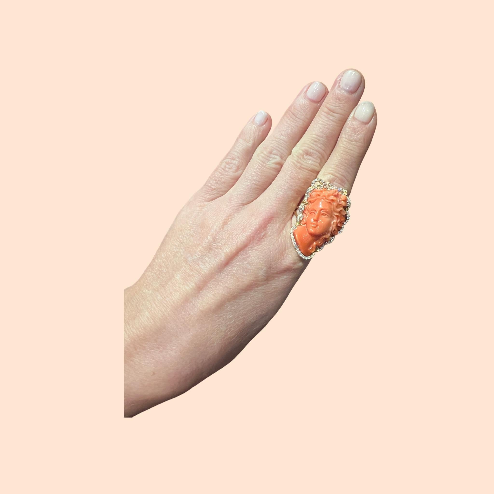 Men's 18 Carat Gold Cocktail Ring Set with a Superb Cameo in Coral with diamonds