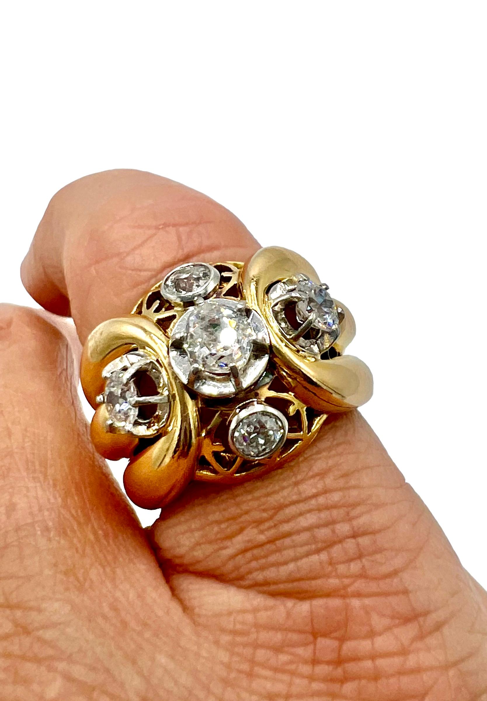 Women's 18 Carat Gold Cocktail Ring Set with Old Cut Diamonds