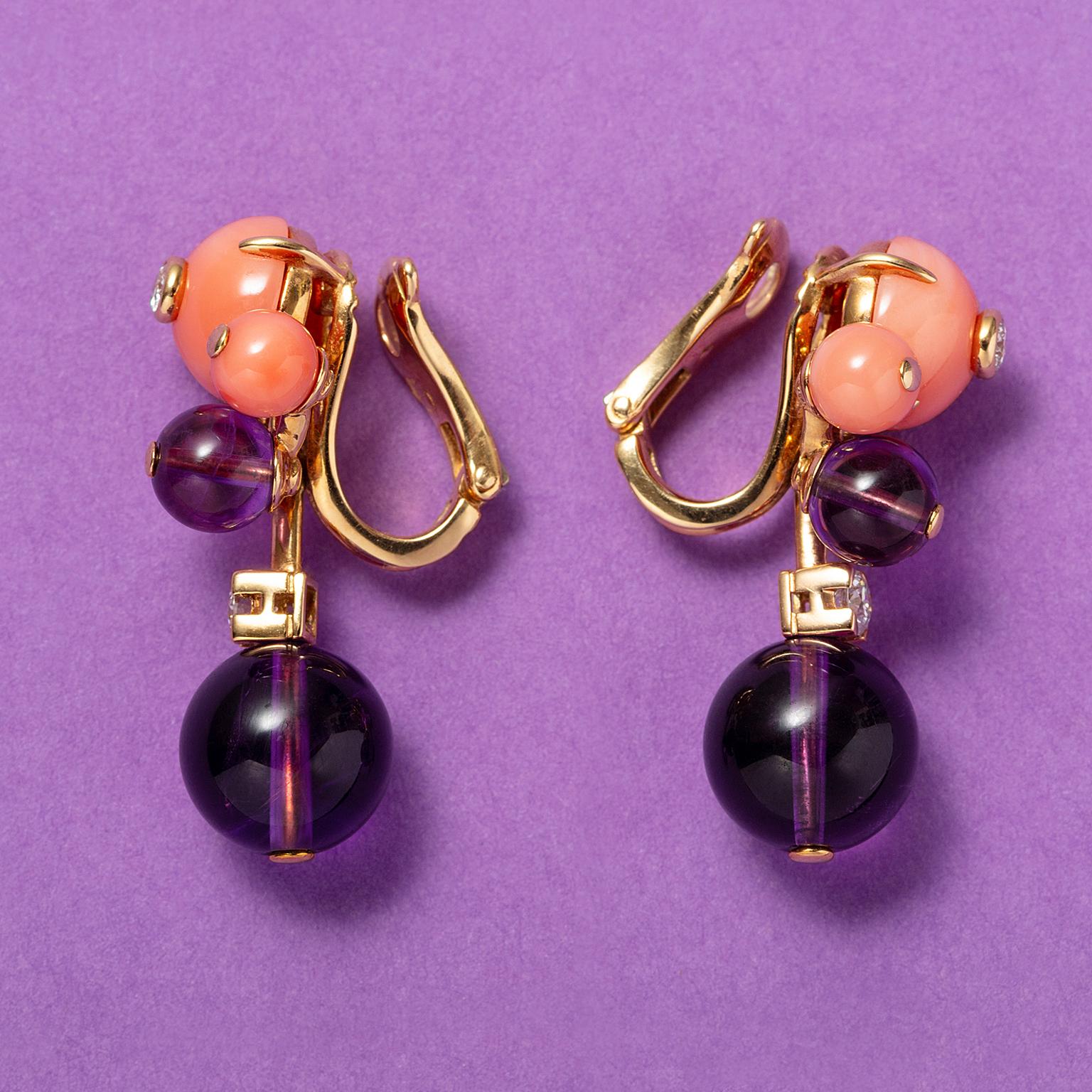 Ball Cut 18 carat Gold Coral, Amethyst and Diamond Delice de Goa Cartier Earrings For Sale