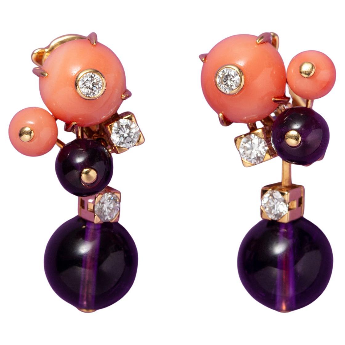 18 carat Gold Coral, Amethyst and Diamond Delice de Goa Cartier Earrings For Sale