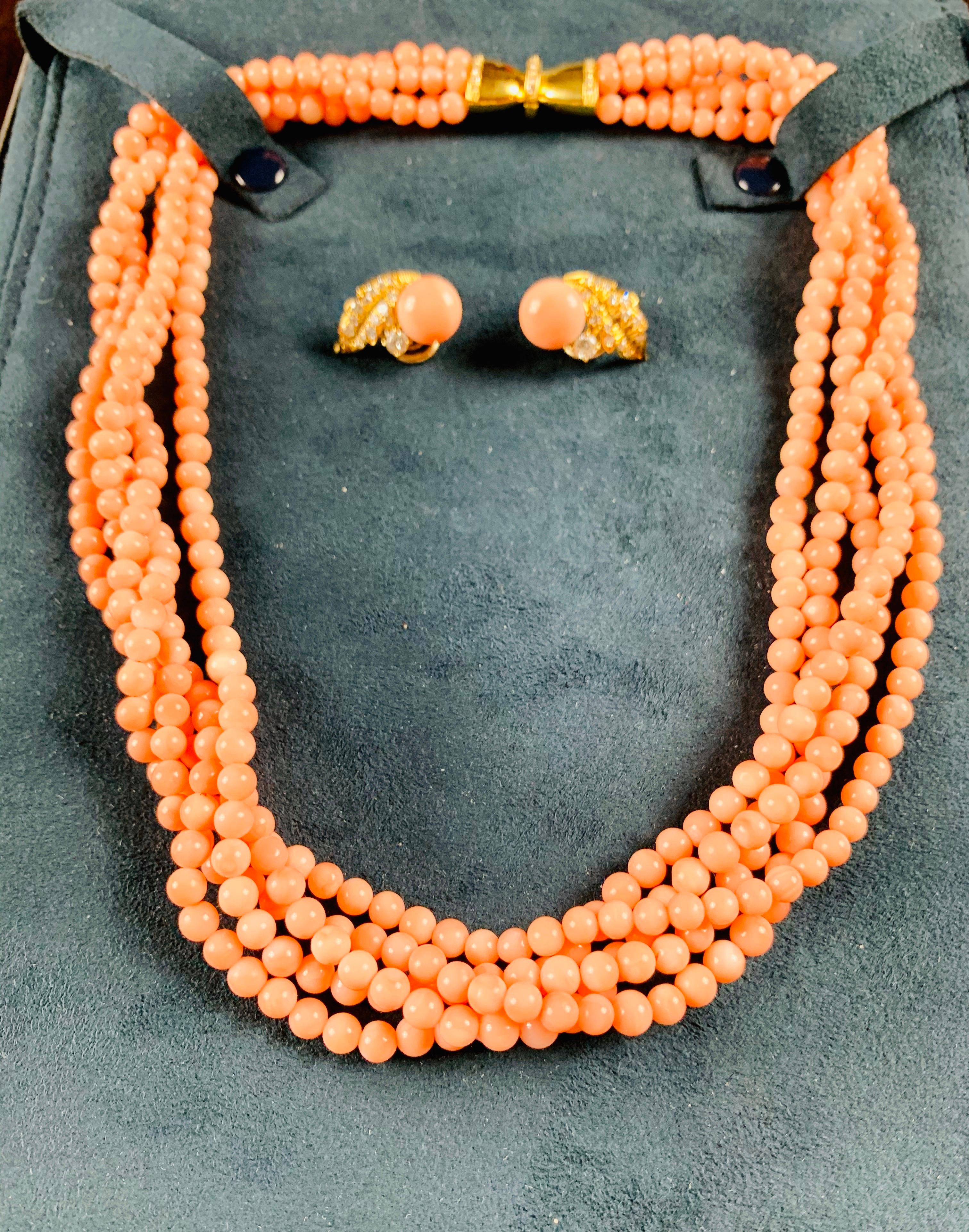 Lovely Set Of 18 Carat Gold Coral & Diamond Earrings and Matching 5 Row Necklace. Very Fine Quality. (2 Carat GH-VS2)