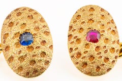 Stippled Design Cufflinks, 18 Carat Gold, Diamond, Sapphire & Ruby, English 1891