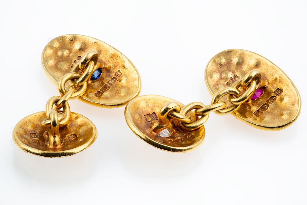 Late Victorian Stippled Design Cufflinks, 18 Carat Gold, Diamond, Sapphire & Ruby, English 1891 For Sale