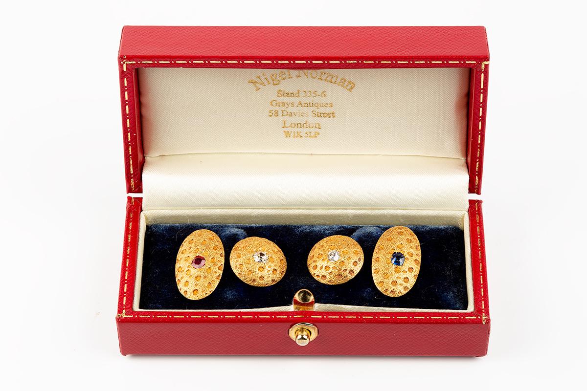Round Cut Stippled Design Cufflinks, 18 Carat Gold, Diamond, Sapphire & Ruby, English 1891 For Sale