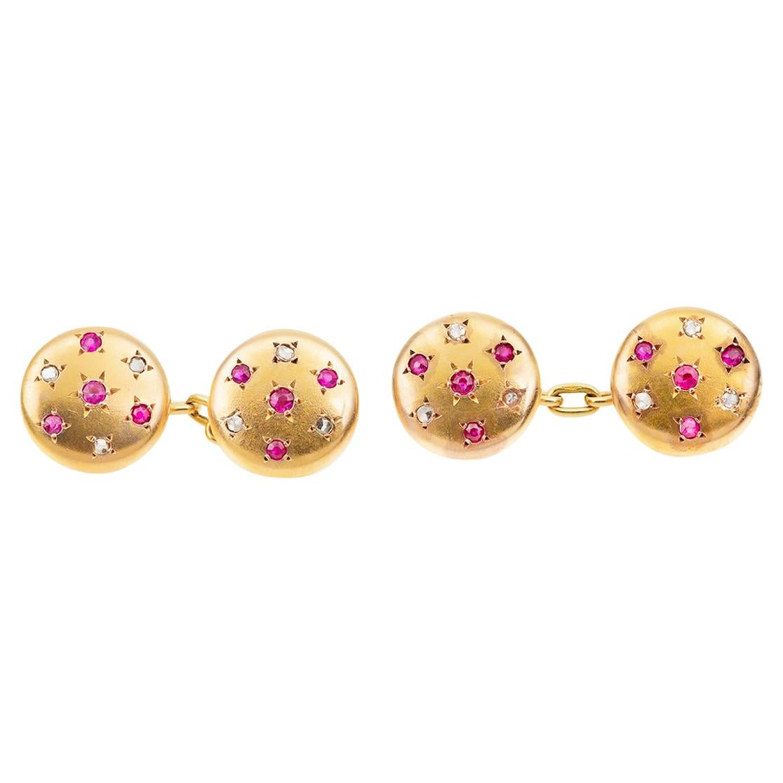 18 Carat Gold Cufflinks with Rubies and Diamonds in a Star Setting, English 1890