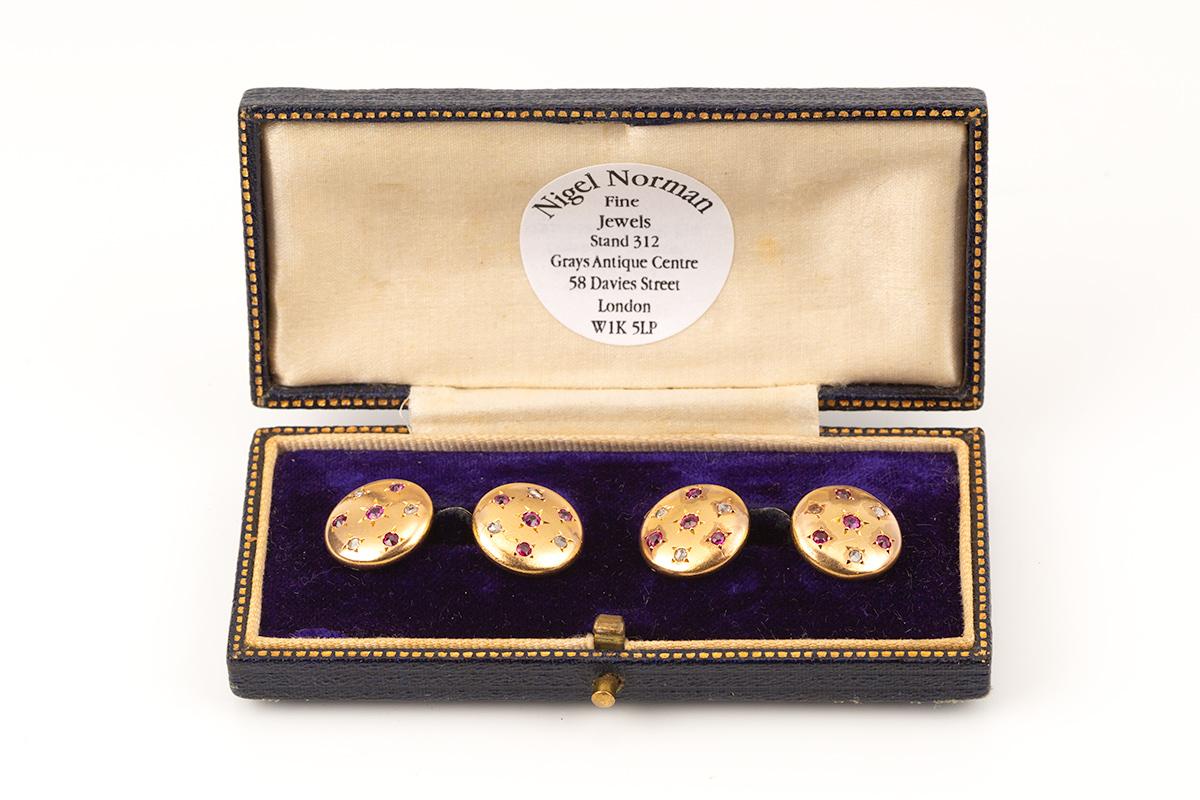 Rose Cut 18 Carat Gold Cufflinks with Rubies and Diamonds in a Star Setting, English 1890