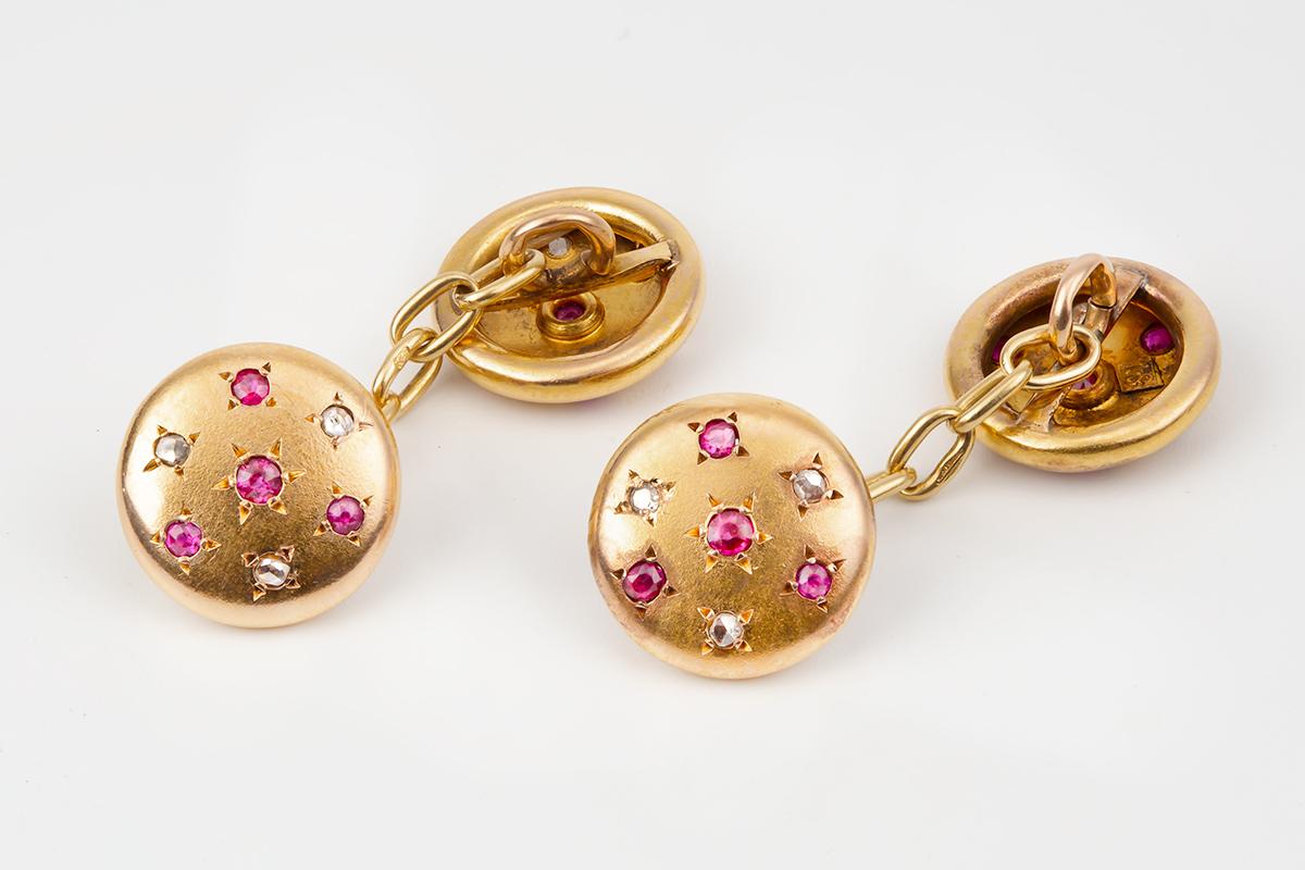 Women's or Men's 18 Carat Gold Cufflinks with Rubies and Diamonds in a Star Setting, English 1890
