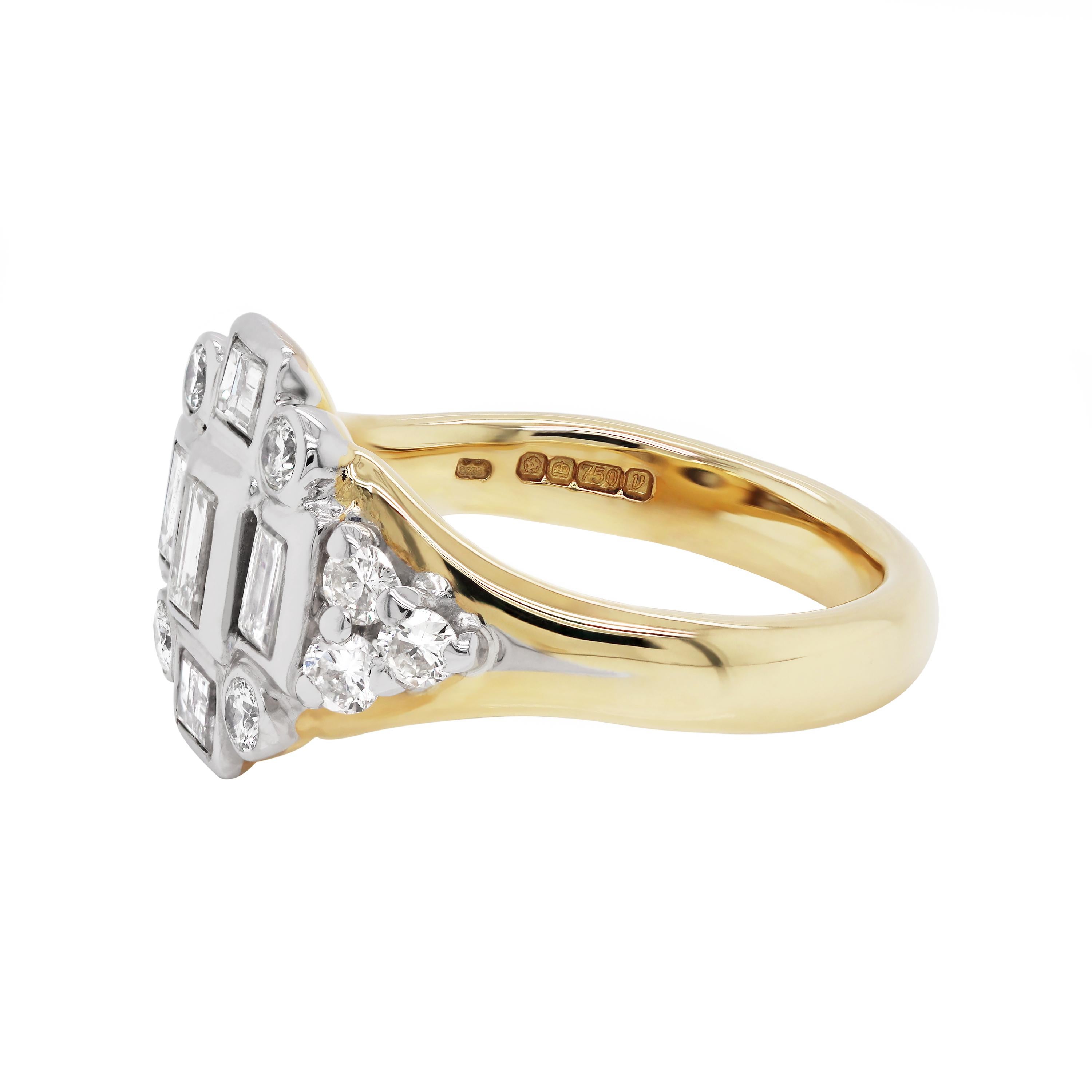 Emerald Cut 18 Carat Gold Diamond Art Deco Style Cluster Cocktail Ring For Sale