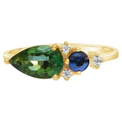 18 Carat Gold Diamond Cluster Ring with Sapphire and Tourmaline Gemstone