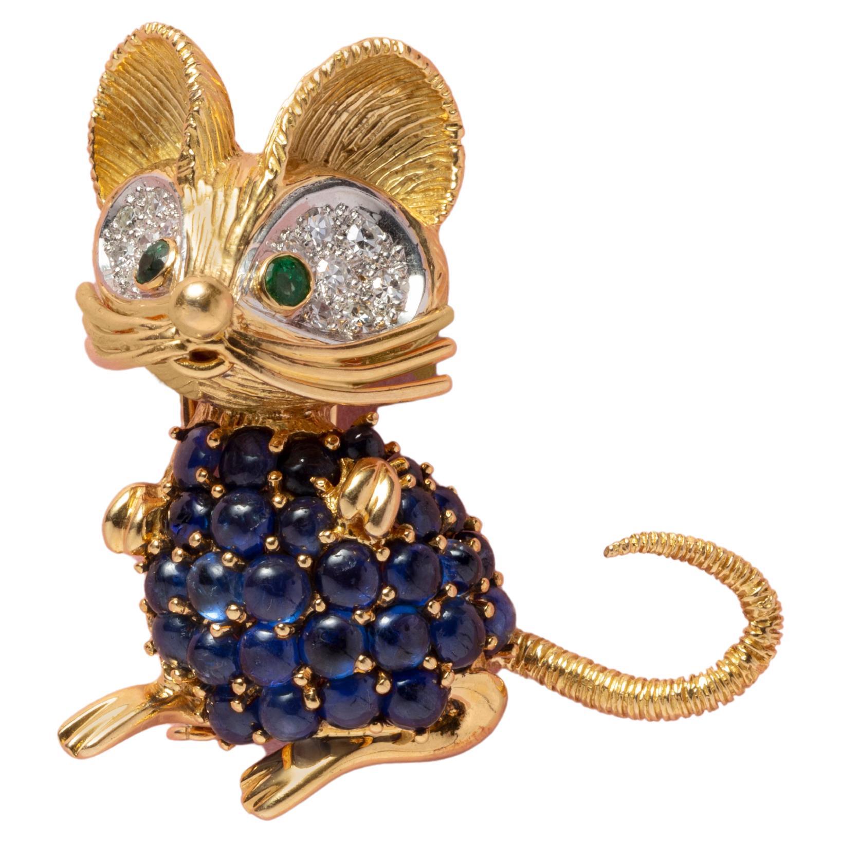 18 Carat Gold Diamond Emerald and Sapphire Mouse Brooch