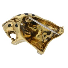 Vintage Diamond and Black Enamel Panther Head Brooch Set in 18k Yellow Gold