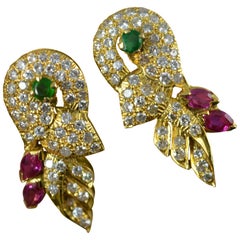 18 Carat Gold Diamond Ruby and Emerald Cluster Earrings