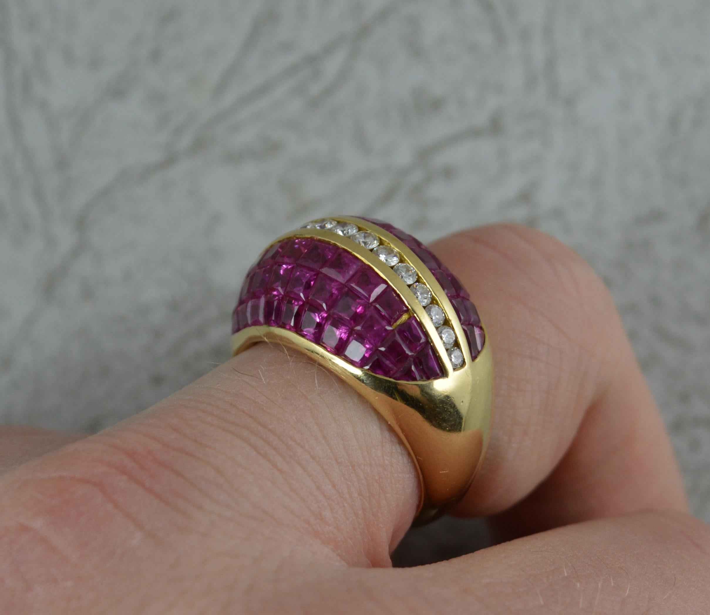 Princess Cut 18 Carat Gold Diamond and Ruby Bombe Cluster Cocktail Ring