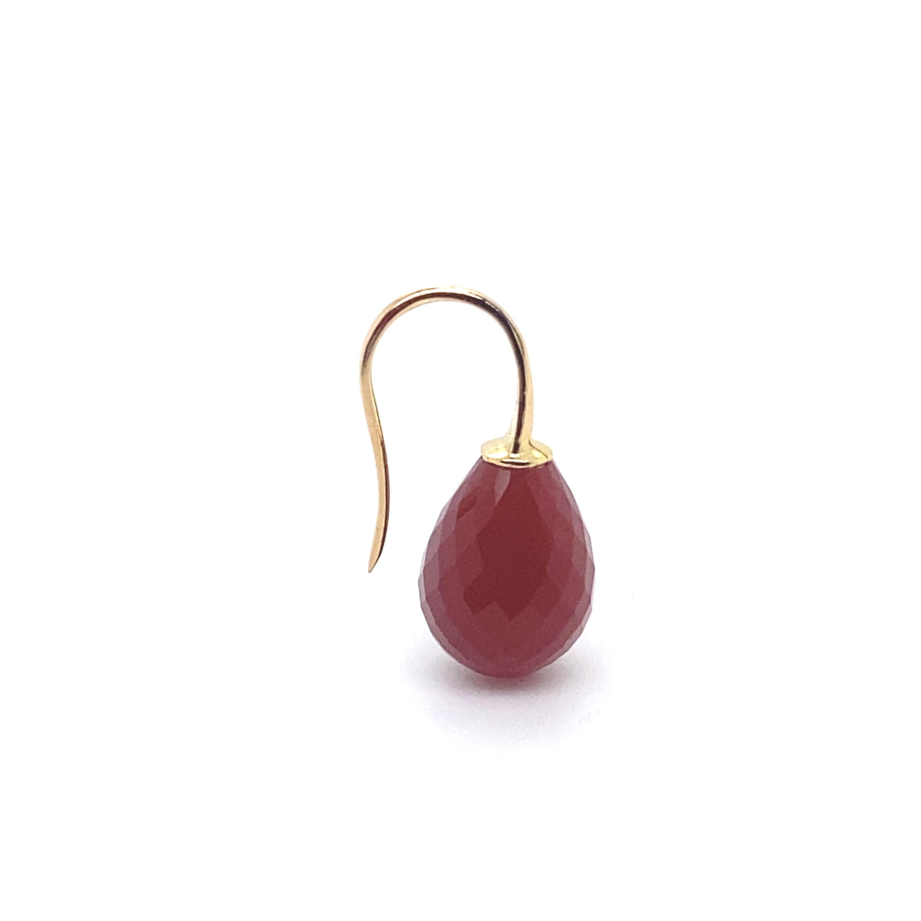 Artisan 18 Carat Gold Earring with a Red Agate Briolette Cut For Sale