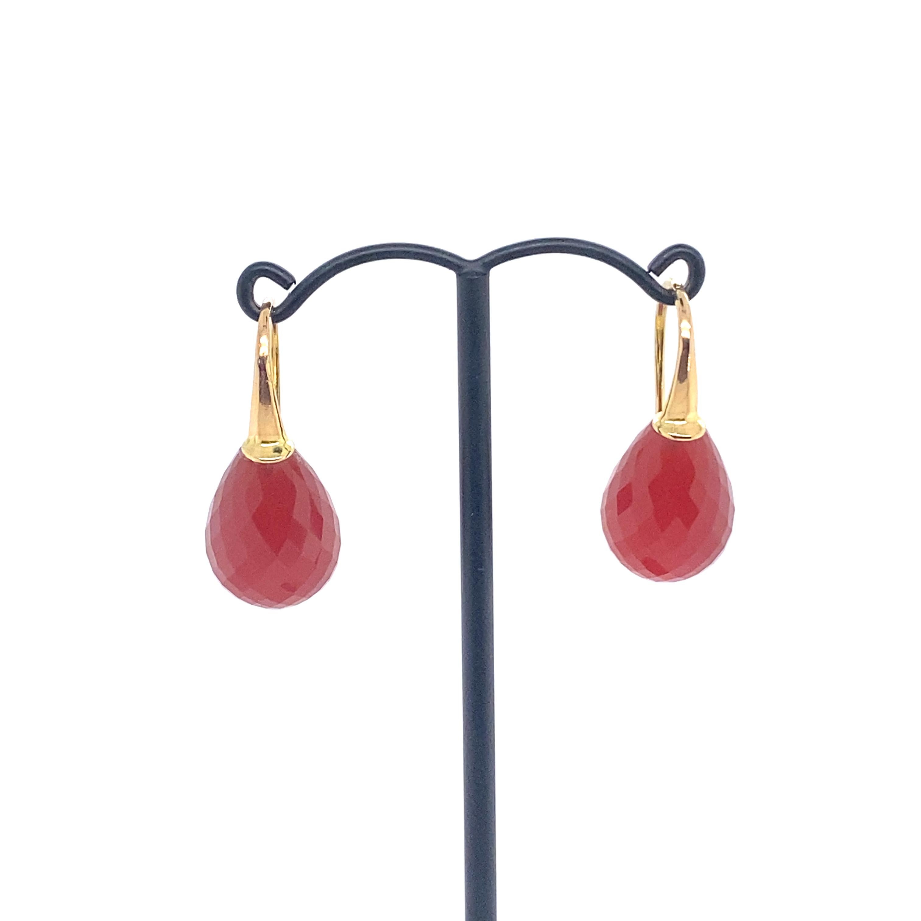 18 Carat Gold Earring with a Red Agate Briolette Cut For Sale 1