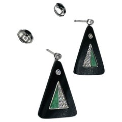 18 Carat Gold Earrings Set with Diamonds, Jade and Black Onyx