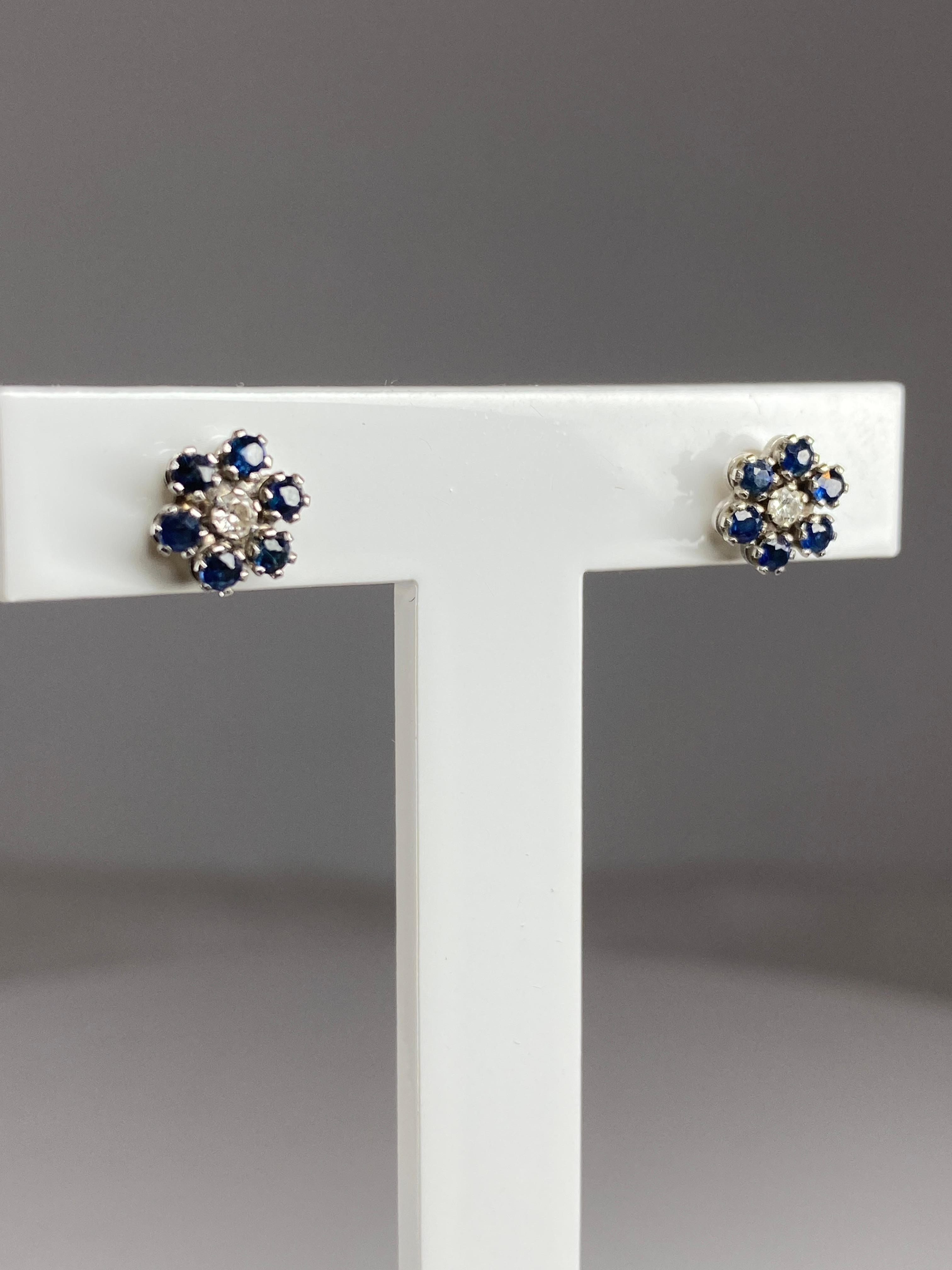 Modern 18 Carat Gold Earrings Set with Sapphires and Diamonds, Flower Model