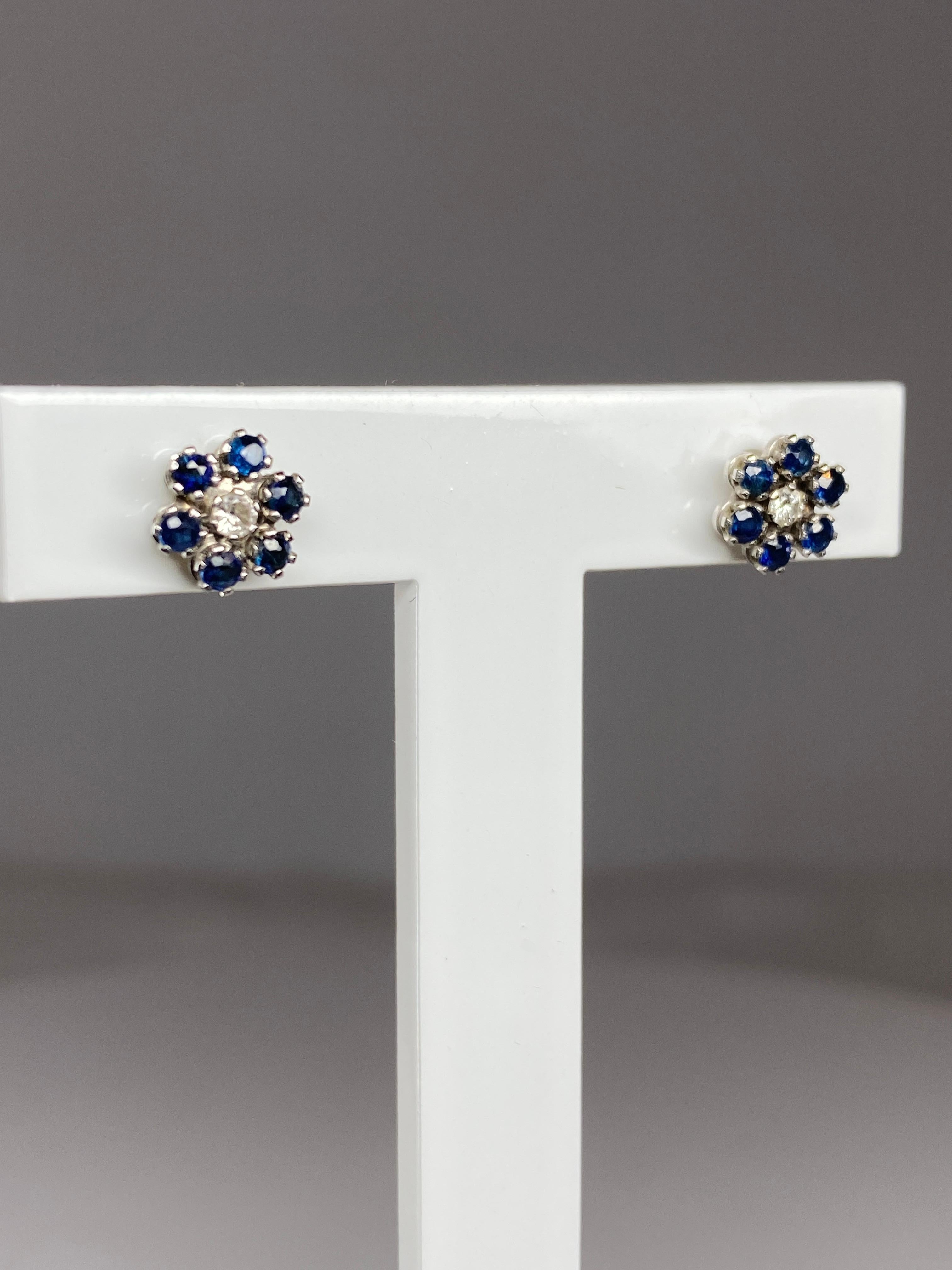 18 Carat Gold Earrings Set with Sapphires and Diamonds, Flower Model 2