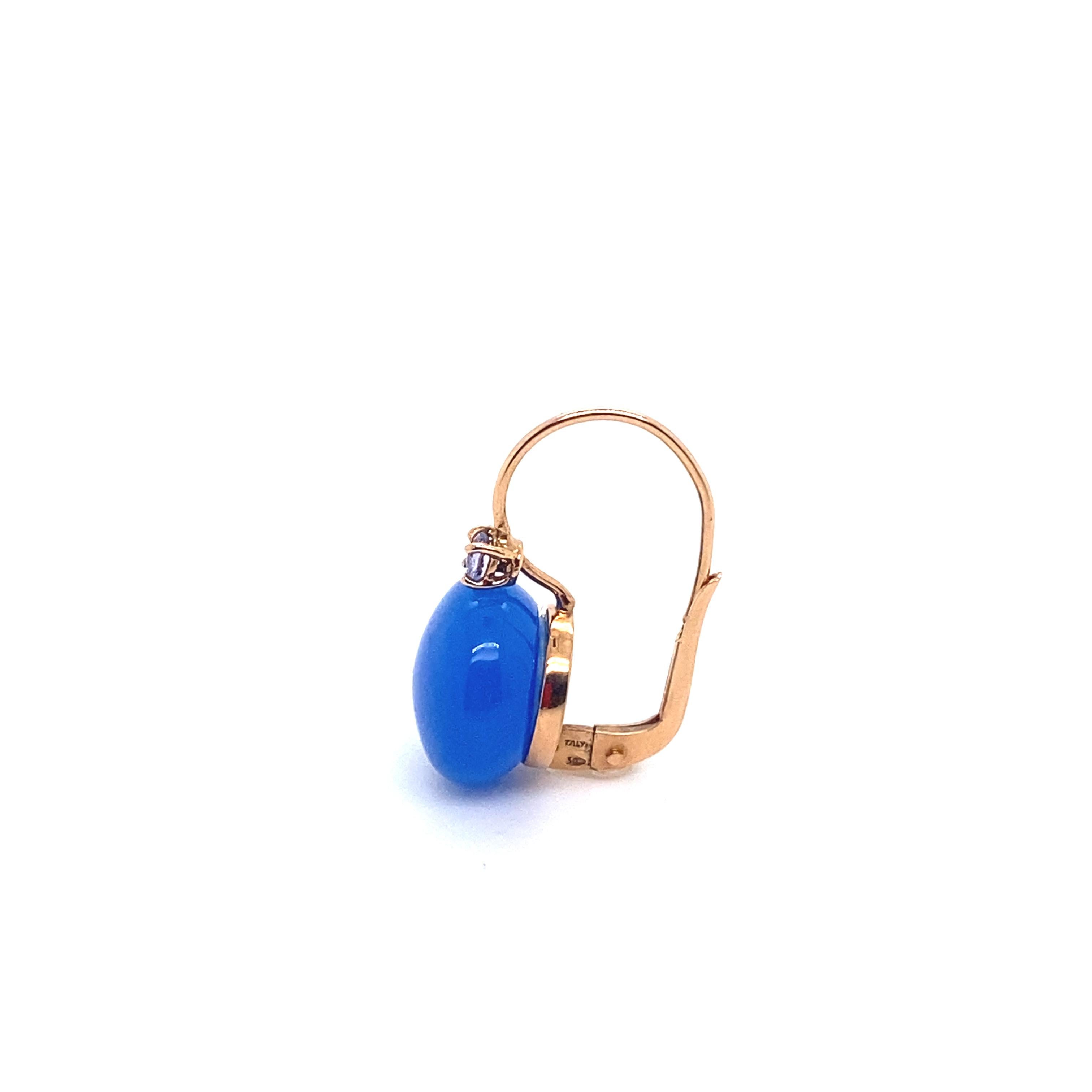 Modern 18 Carat Gold Earrings Surmounted by a Blue Agate and with a Tanzanite For Sale