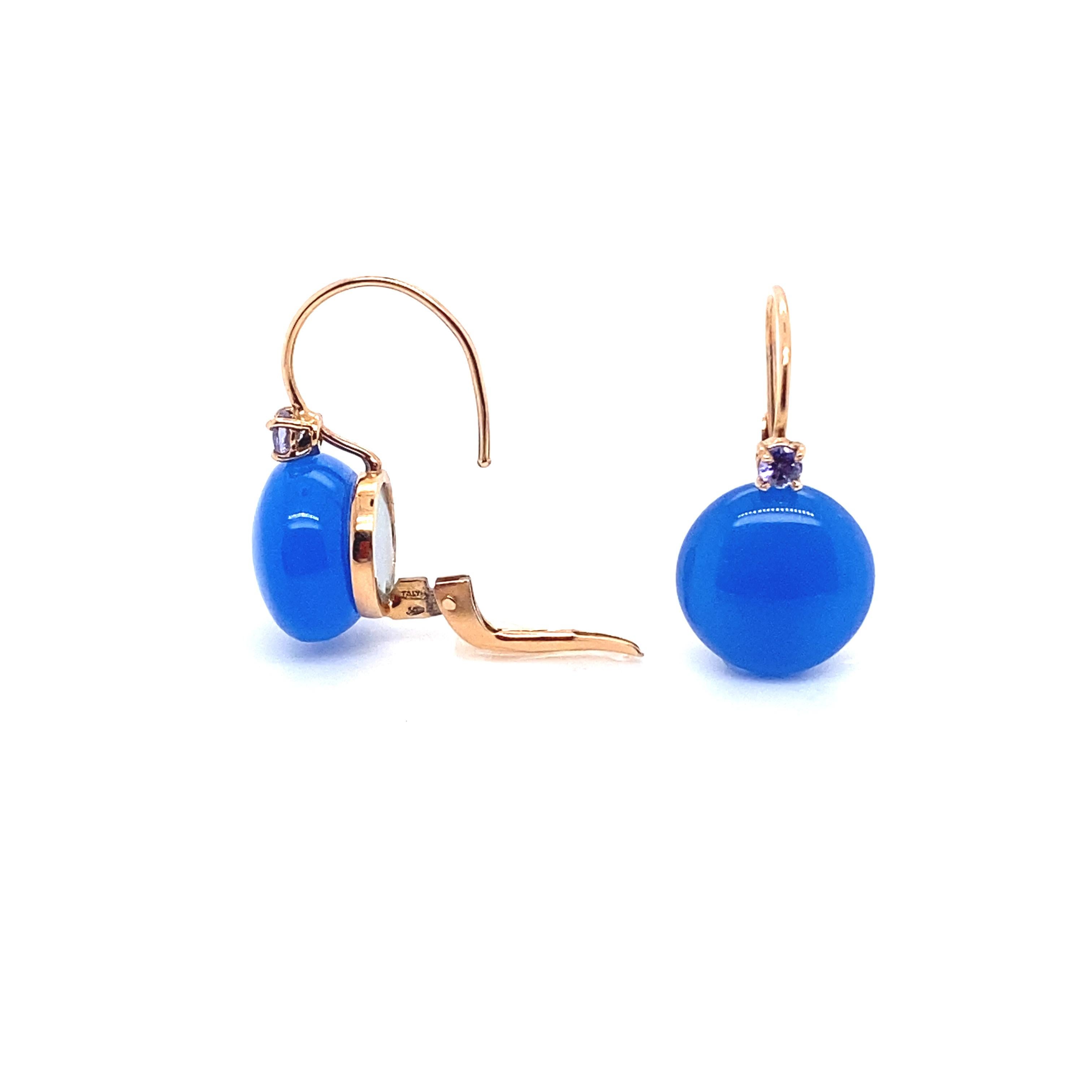 18 Carat Gold Earrings Surmounted by a Blue Agate and with a Tanzanite In New Condition For Sale In Vannes, FR
