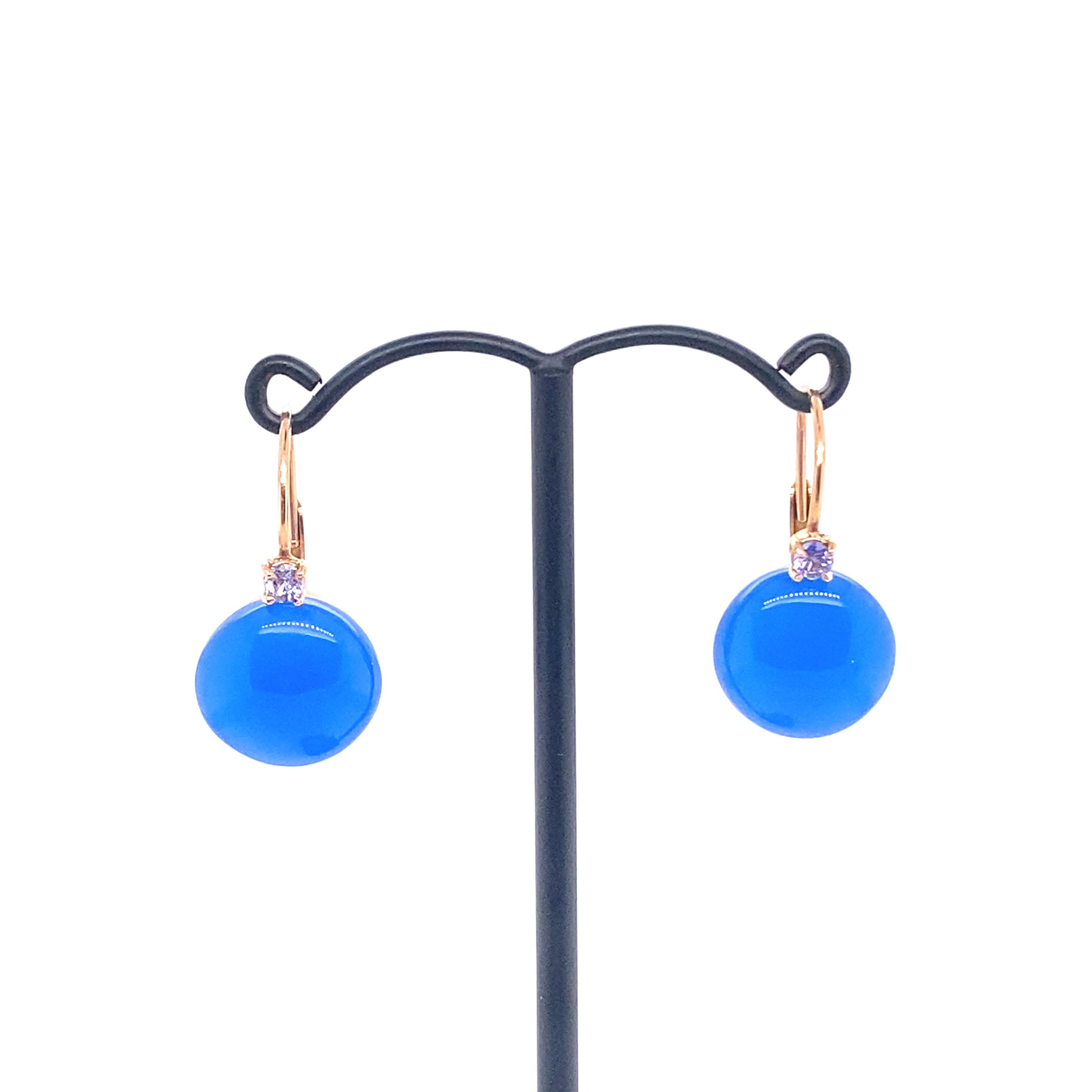 18 Carat Gold Earrings Surmounted by a Blue Agate and with a Tanzanite For Sale 1