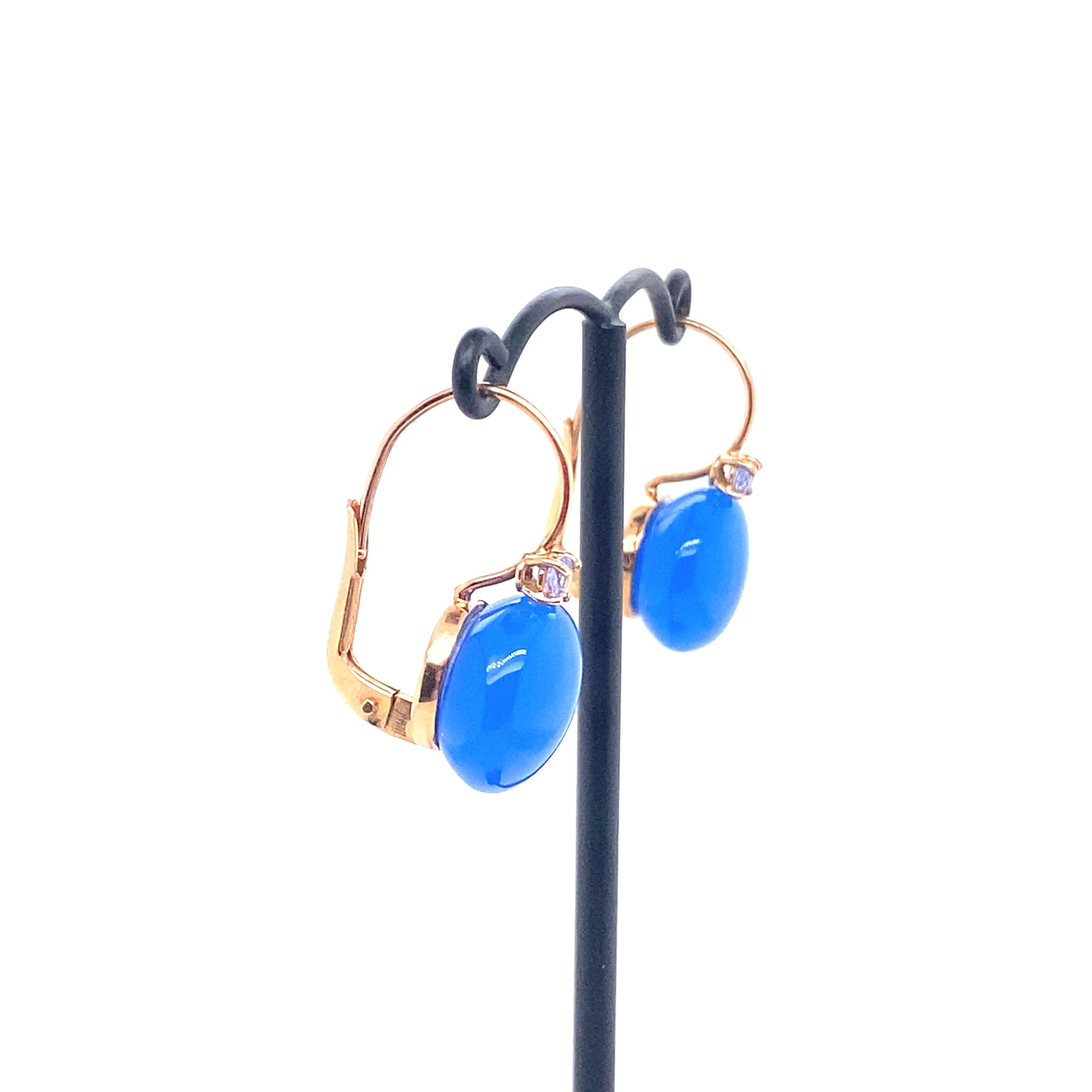 18 Carat Gold Earrings Surmounted by a Blue Agate and with a Tanzanite For Sale 2