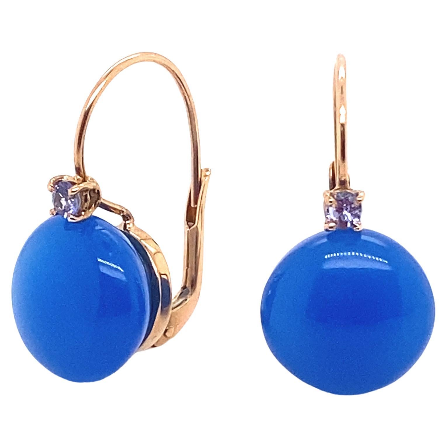 18 Carat Gold Earrings Surmounted by a Blue Agate and with a Tanzanite For Sale