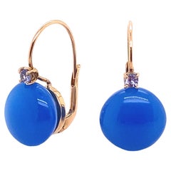 18 Carat Gold Earrings Surmounted by a Blue Agate and with a Tanzanite