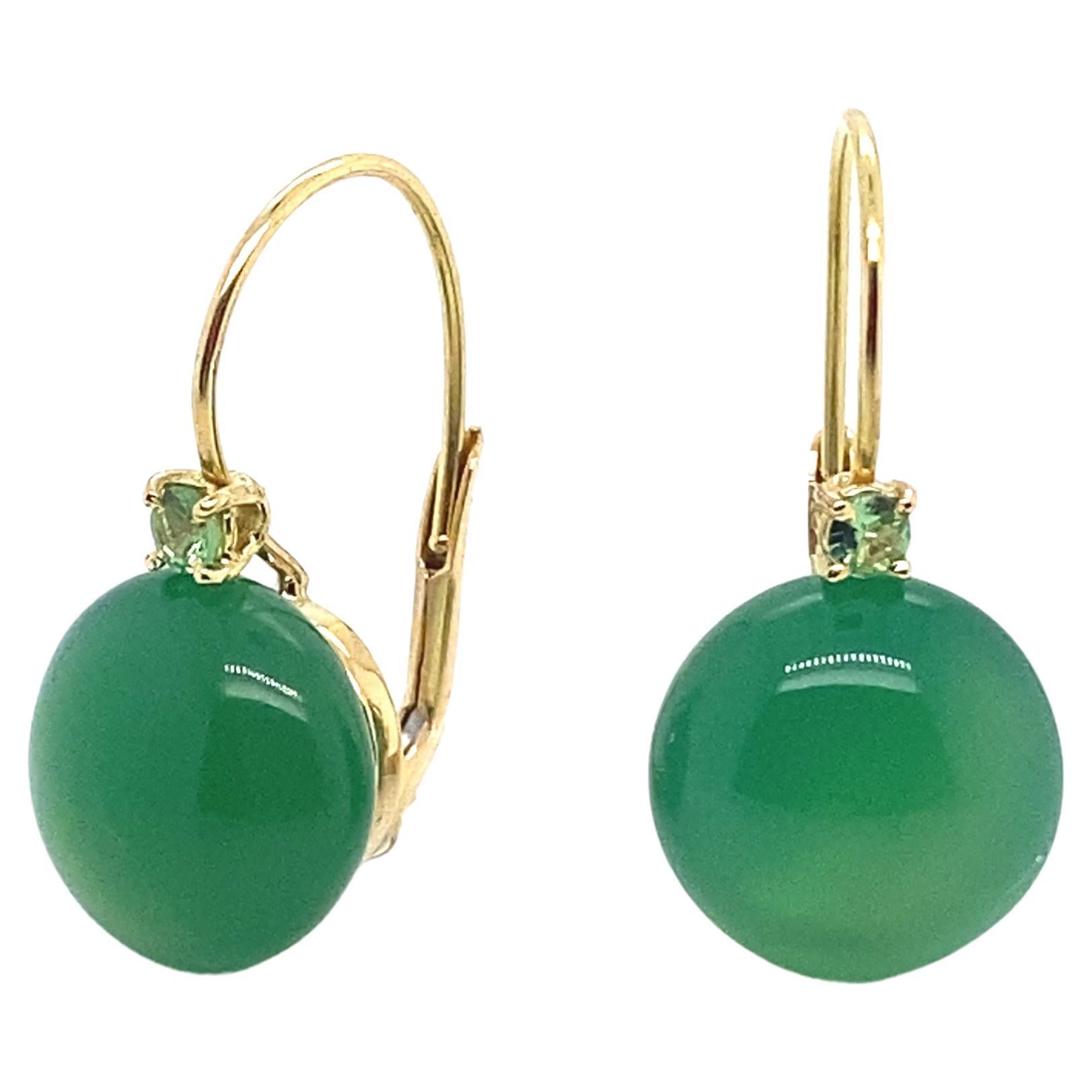 18 Carat Gold Earrings Surmounted by a Green Agate and with a Tsavorite