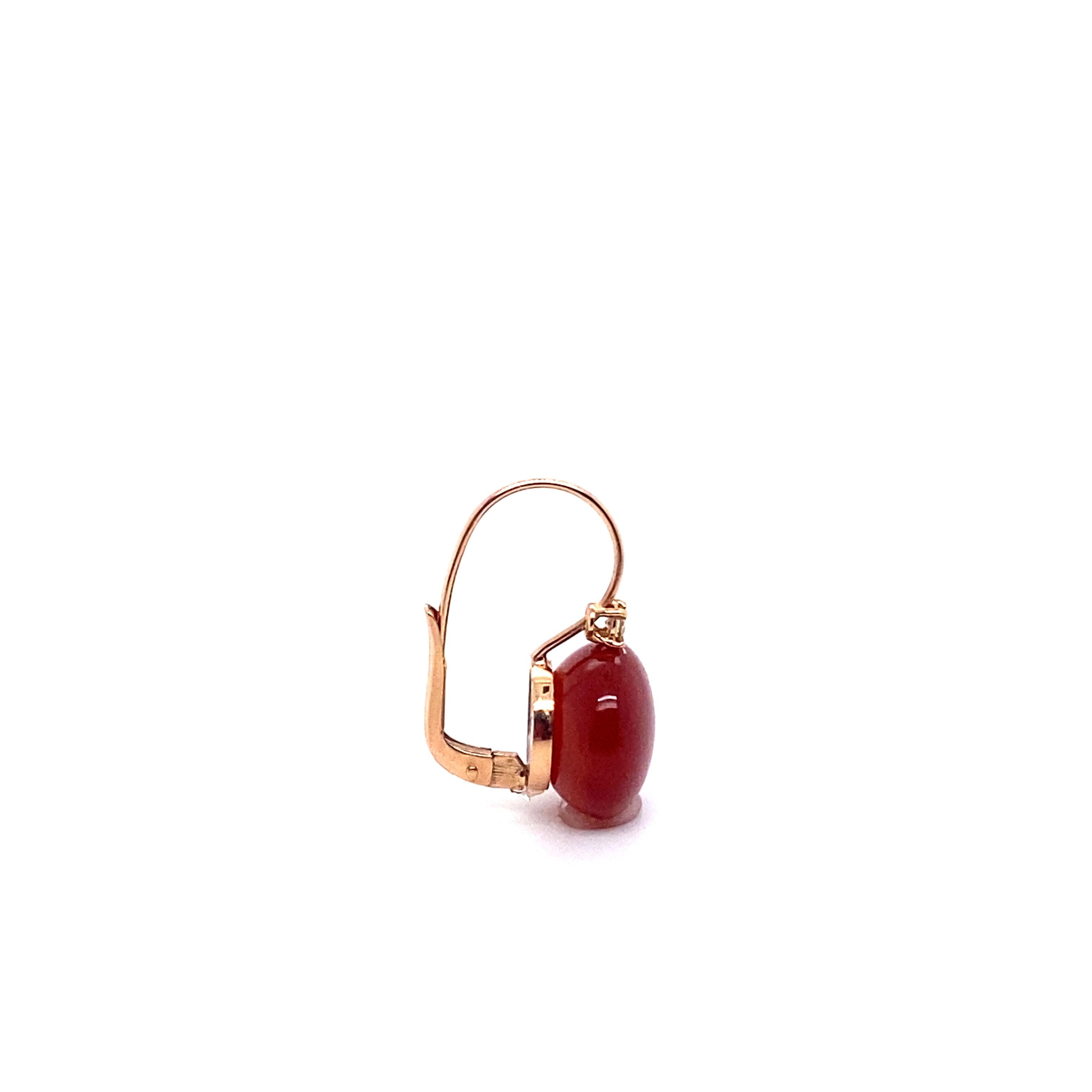 Artisan 18 Carat Gold Earrings Surmounted by a Red Agate Set with Cognac Diamonds For Sale