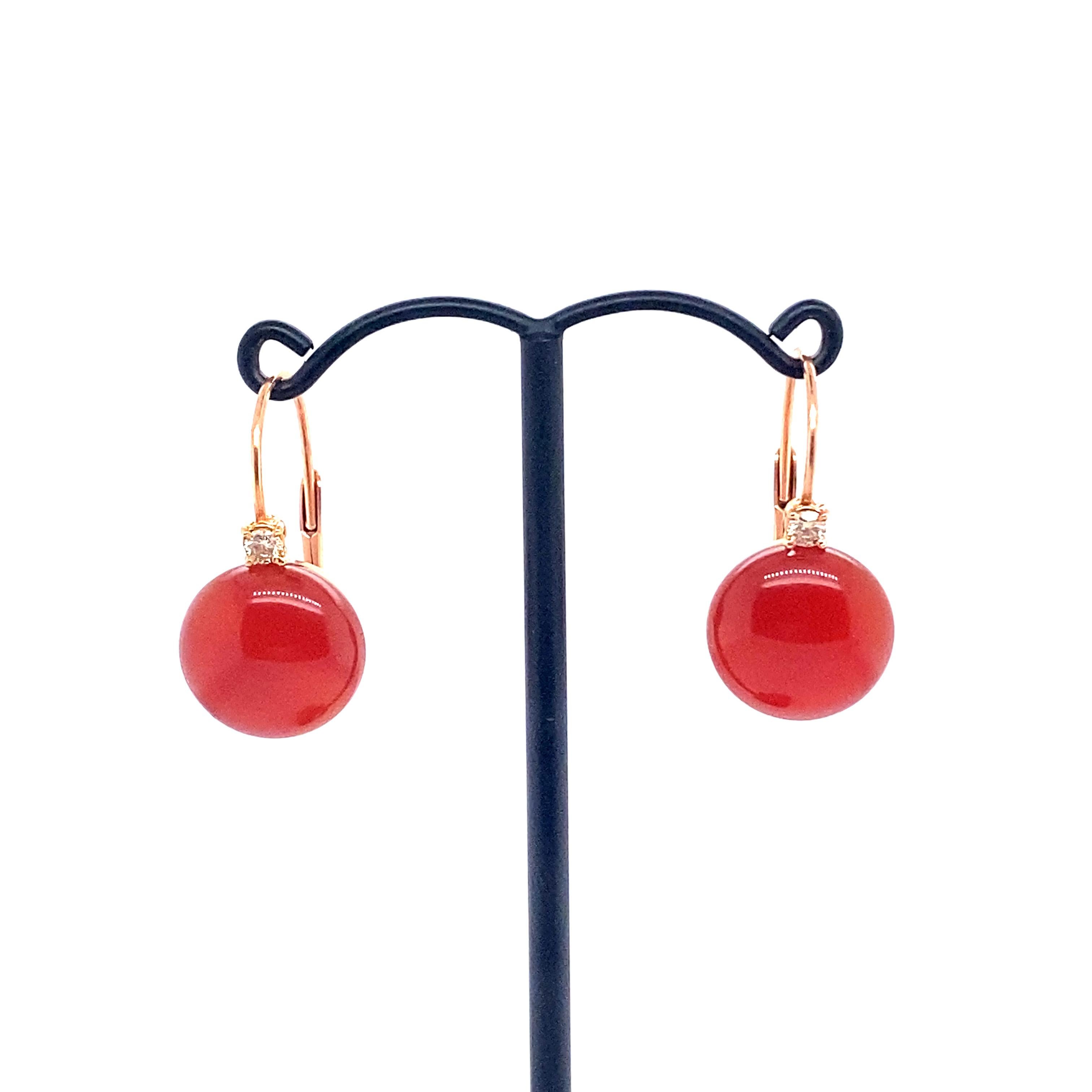 Bead 18 Carat Gold Earrings Surmounted by a Red Agate Set with Cognac Diamonds For Sale