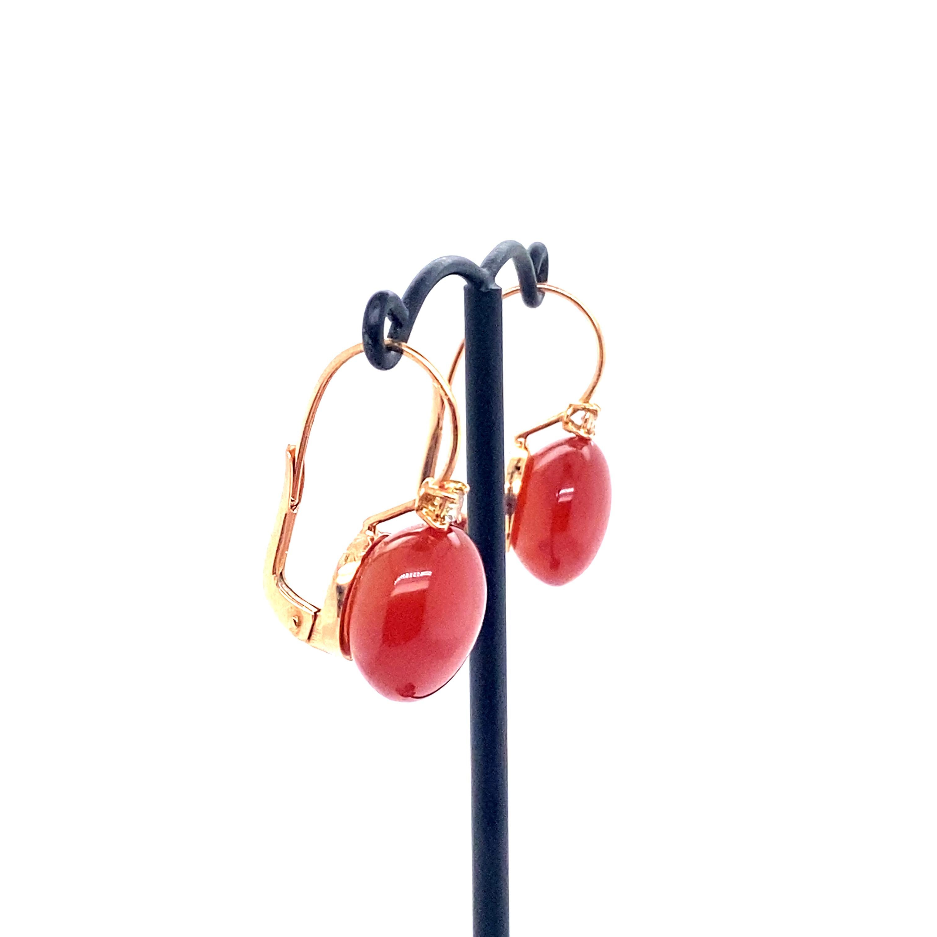 Women's 18 Carat Gold Earrings Surmounted by a Red Agate Set with Cognac Diamonds For Sale