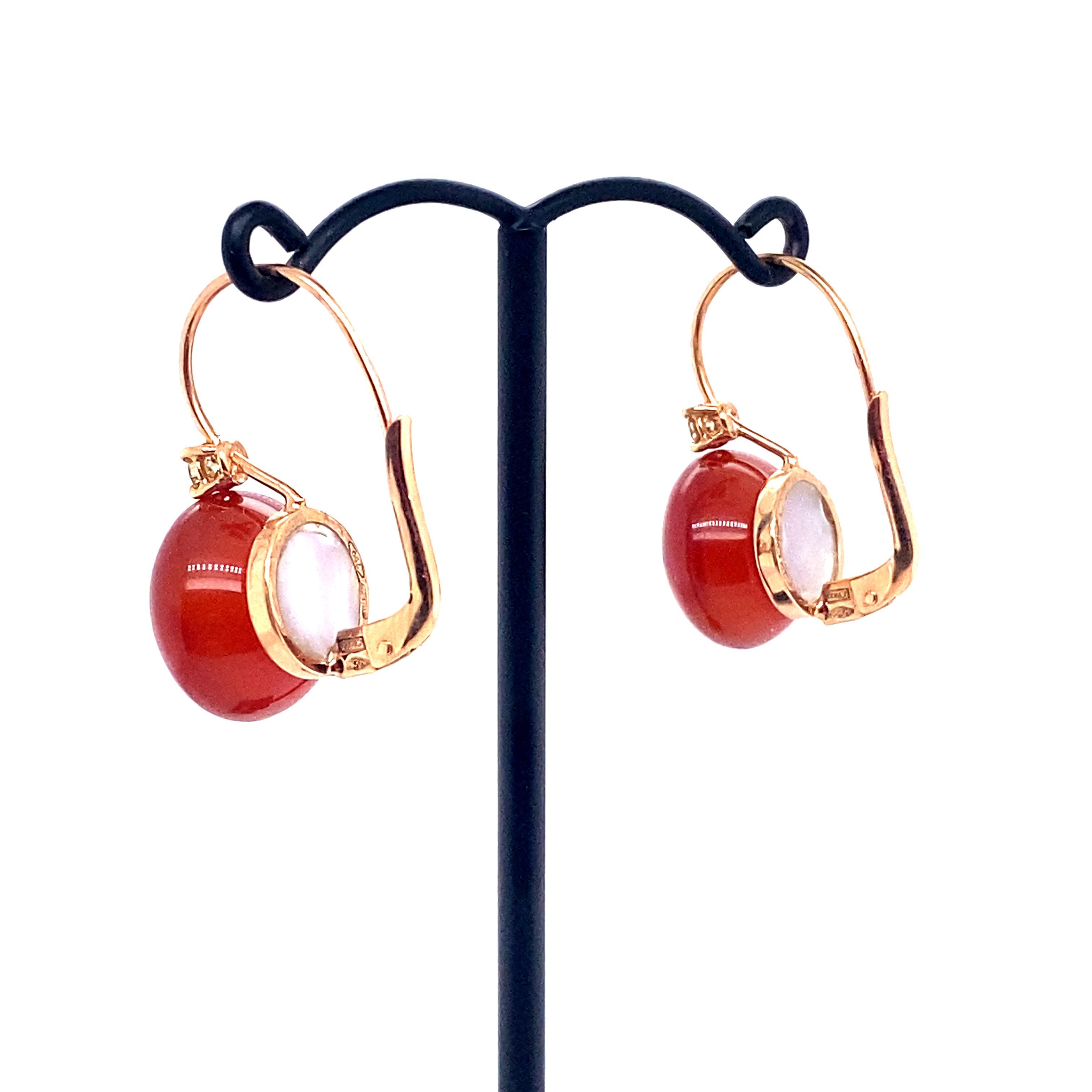18 Carat Gold Earrings Surmounted by a Red Agate Set with Cognac Diamonds For Sale 2