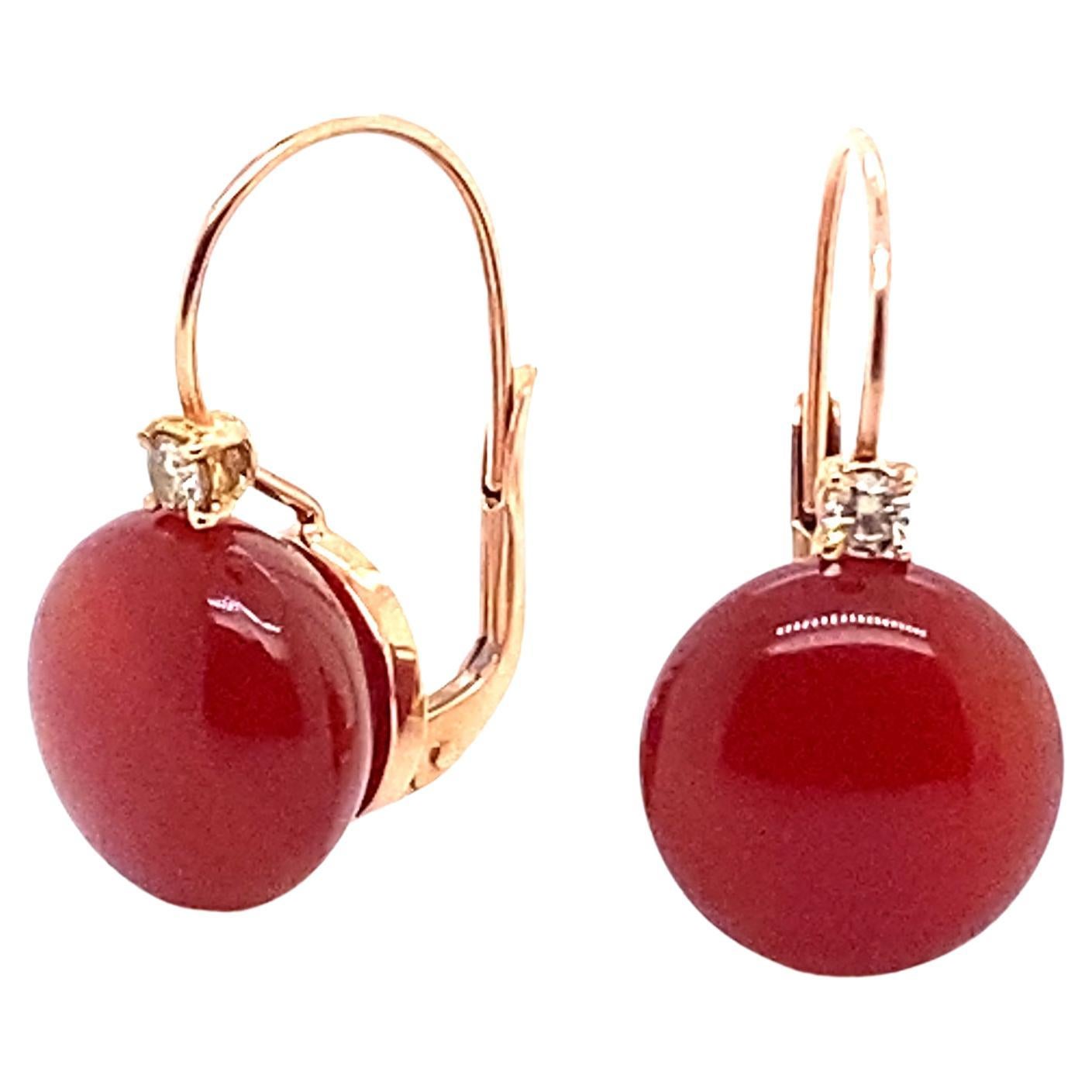 18 Carat Gold Earrings Surmounted by a Red Agate Set with Cognac Diamonds