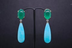 18-Carat Gold Earrings with Green Agate and Amazonite Adorned with 0.14-Carat