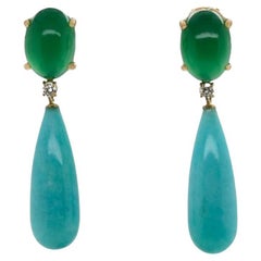 18-Carat Gold Earrings with Green Agate and Amazonite Adorned with 0.14-Carat