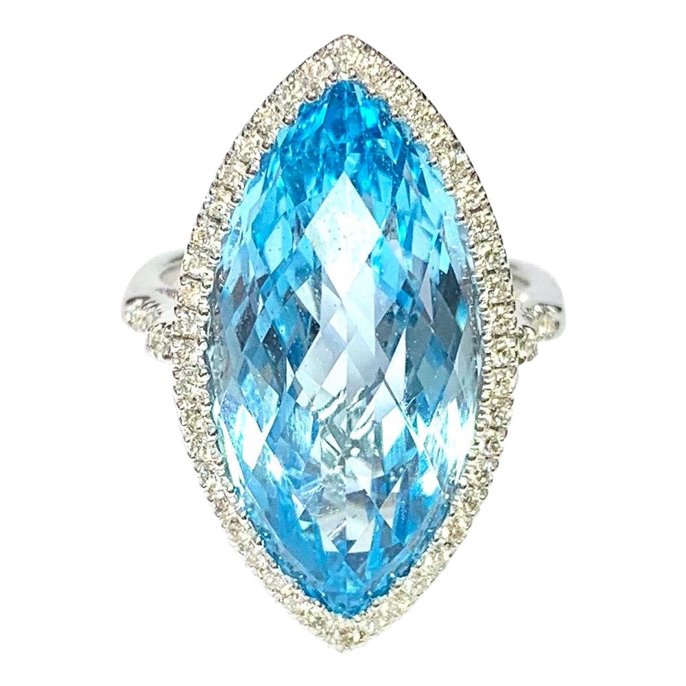 18 Carat Gold Edwardian Style Marquise Shape Blue Topaz and Diamond Cluster Ring