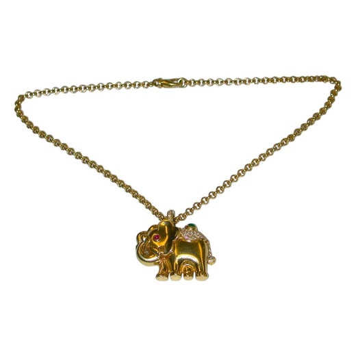 18 Carat Gold Elephant Pendant on Chain Set with Diamonds, Emerald & Ruby, 1995